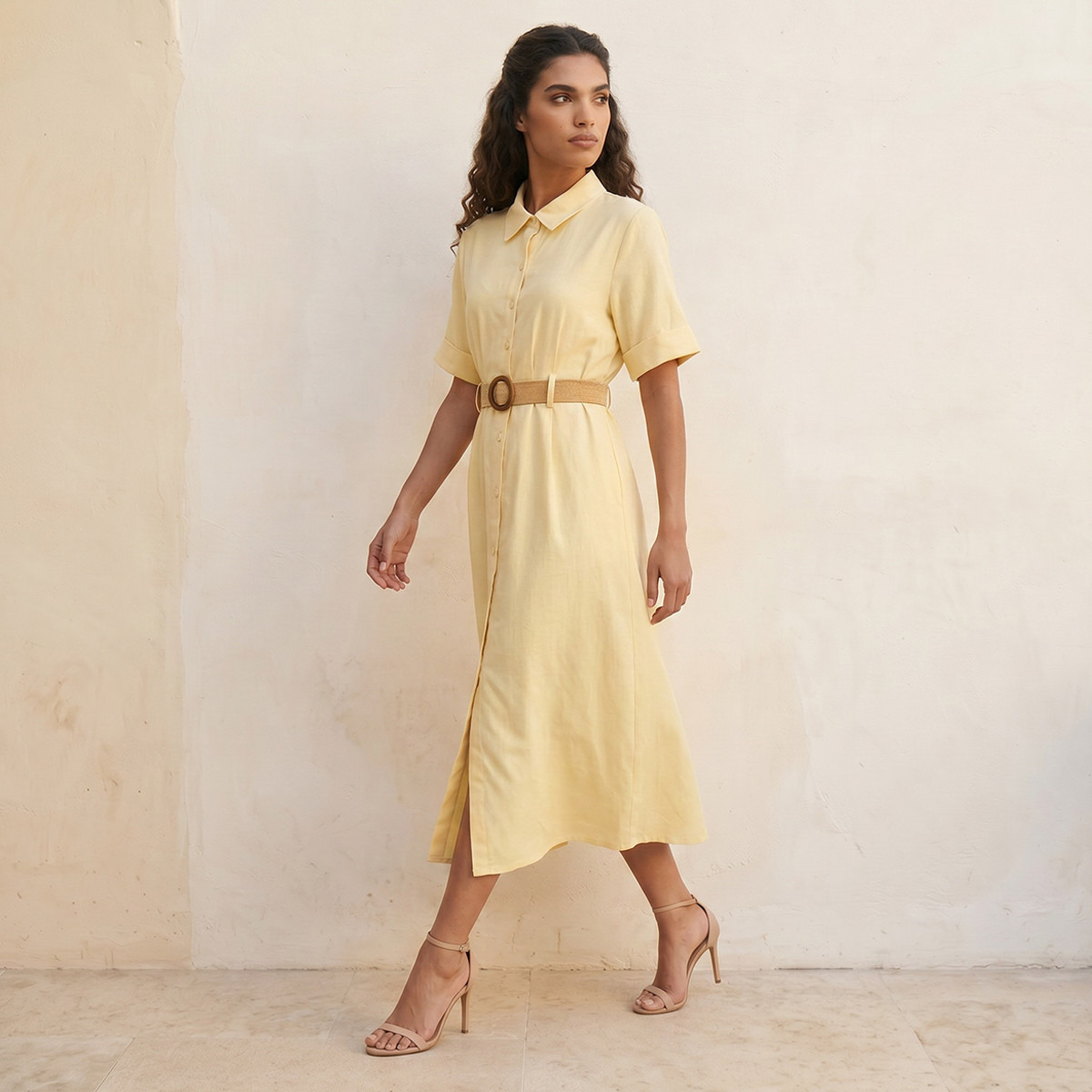 فستان قميص ميدي إيه لاين بحزام من سبلاش بيسك-women-clothing-dresses-image-1