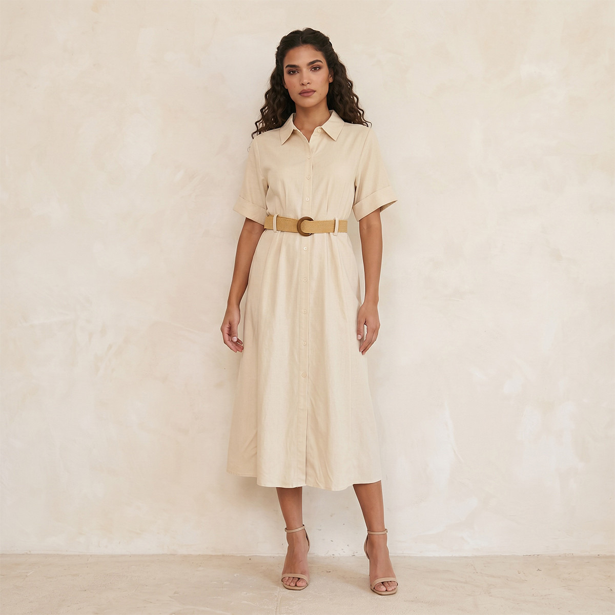 فستان قميص ميدي إيه لاين بحزام من سبلاش بيسك-women-clothing-dresses-image-1