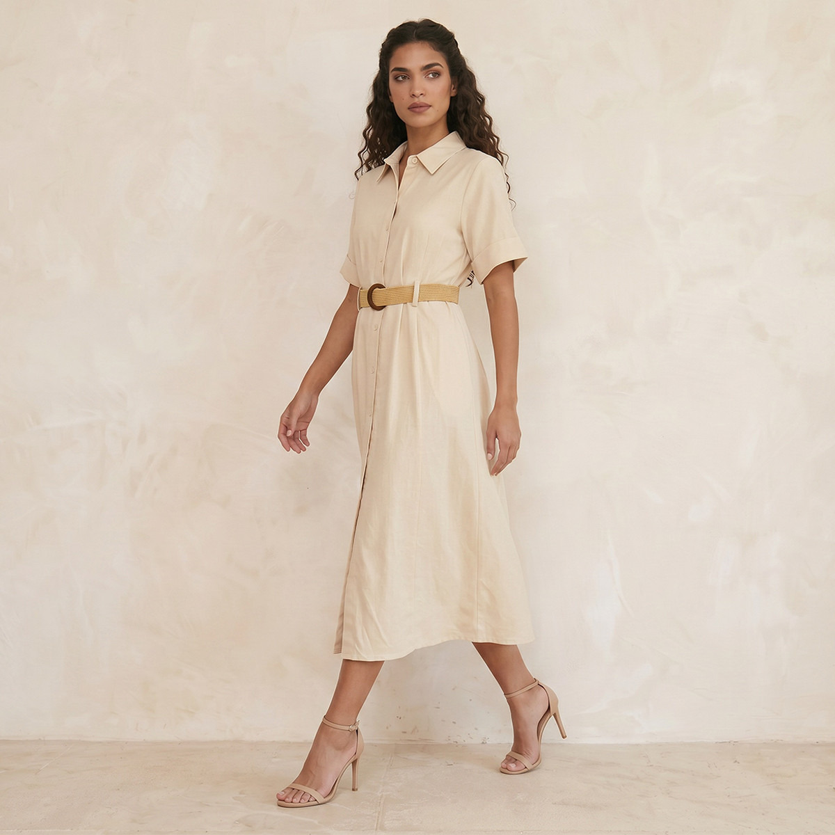 فستان قميص ميدي إيه لاين بحزام من سبلاش بيسك-women-clothing-dresses-image-2