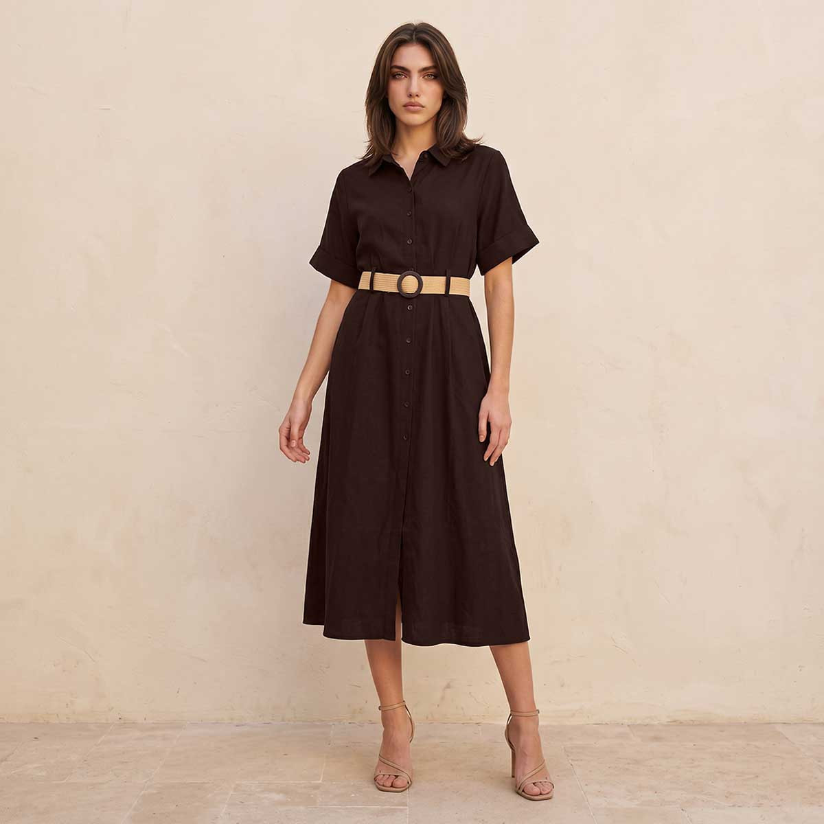 فستان قميص ميدي إيه لاين بحزام من سبلاش بيسك-women-clothing-dresses-image-4