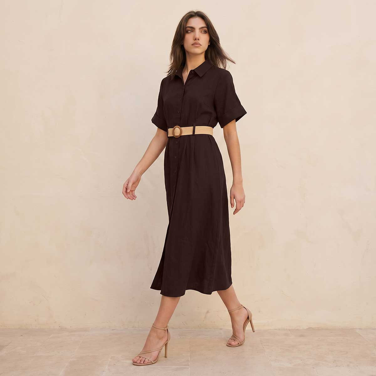 فستان قميص ميدي إيه لاين بحزام من سبلاش بيسك-women-clothing-dresses-image-2