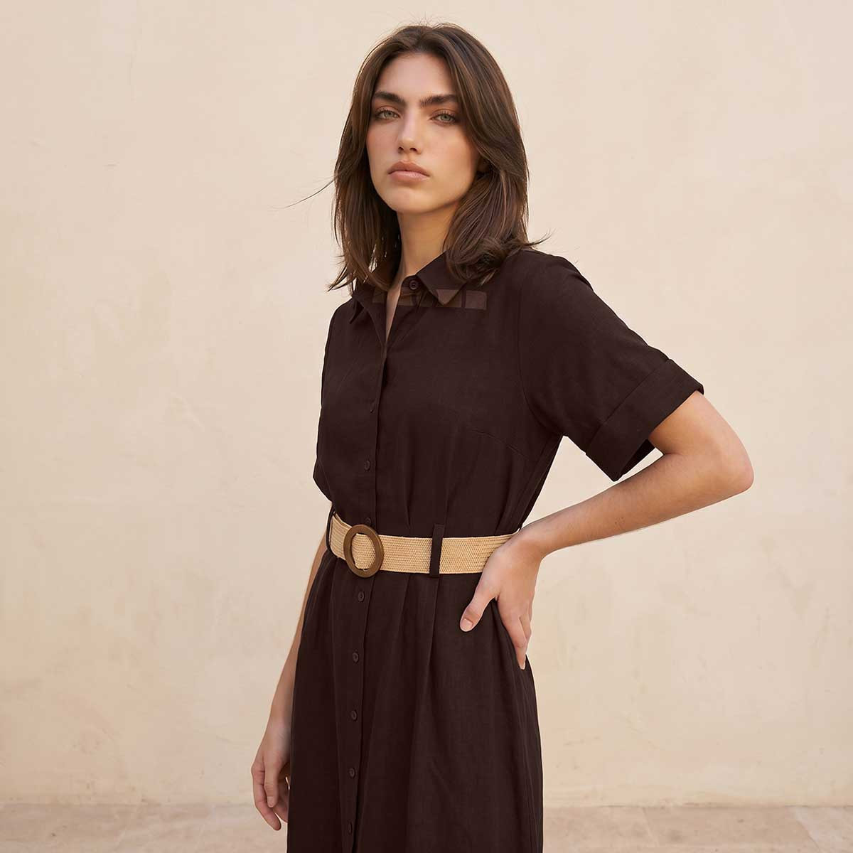 فستان قميص ميدي إيه لاين بحزام من سبلاش بيسك-women-clothing-dresses-image-1