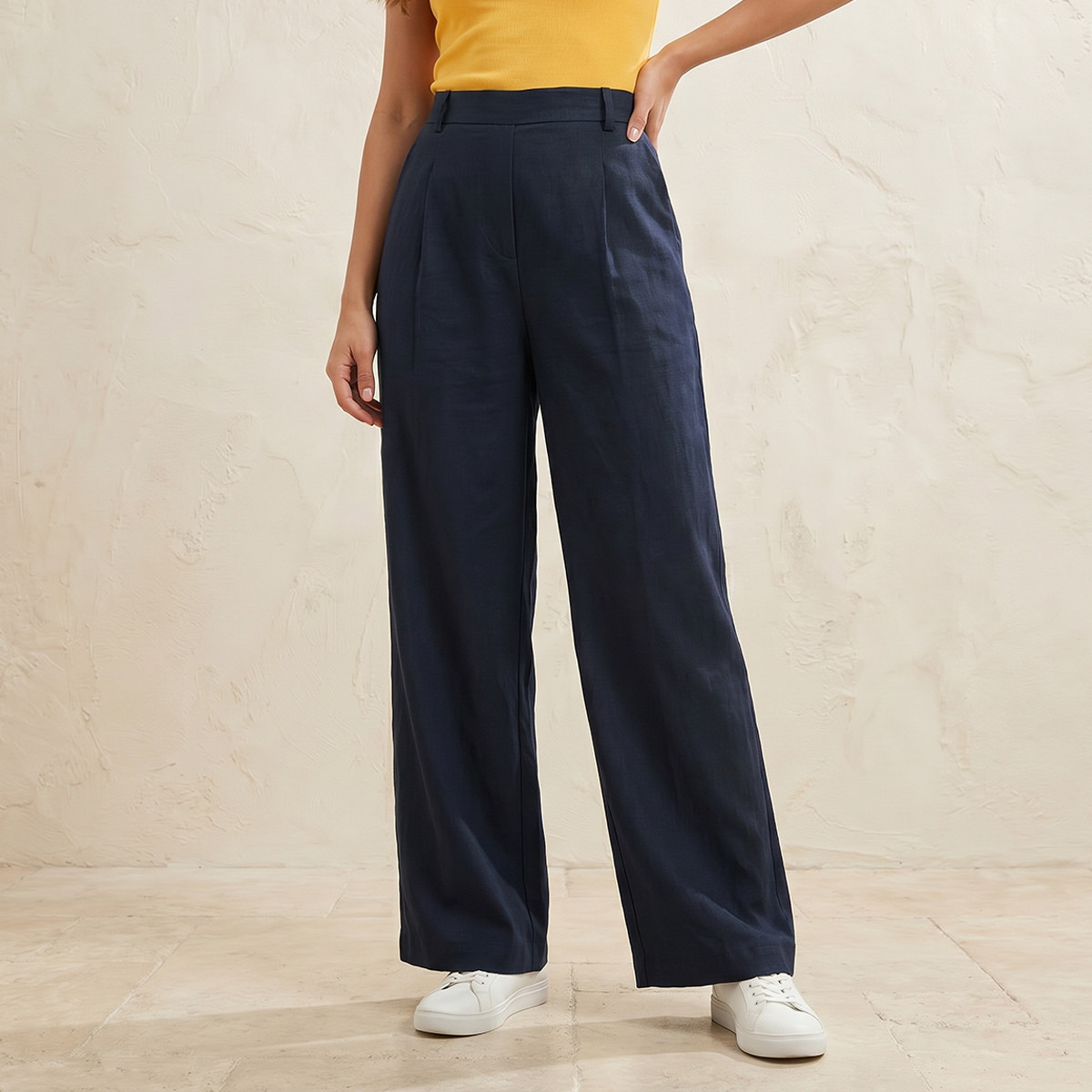 Flexi Waist Linen Blend Wide Leg Trousers-women-clothing-bottoms-trousers-image-1