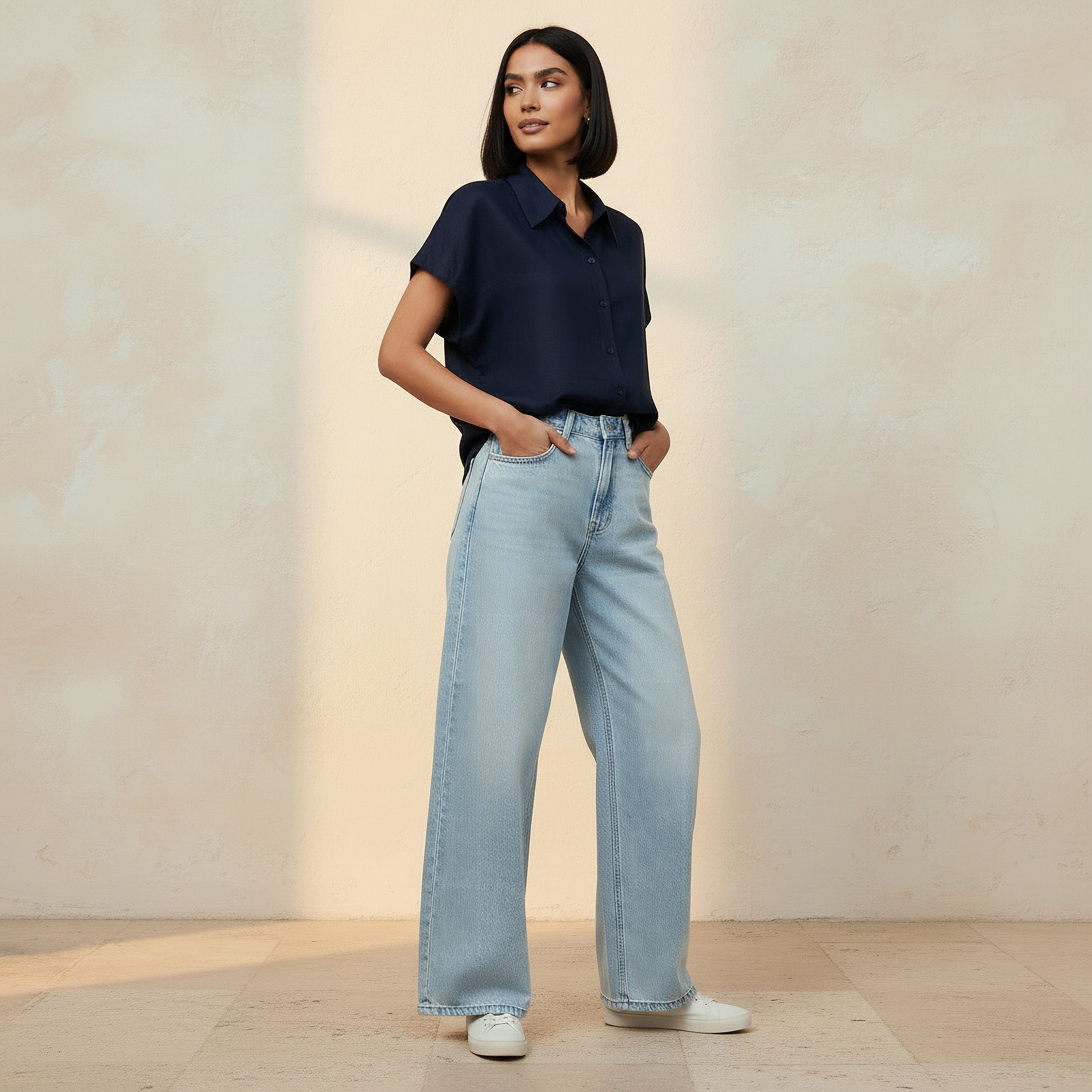 Regular Fit Linen Blend Shirt with Extended Sleeves-women-clothing-shirtsandblouses-shirts-image-3
