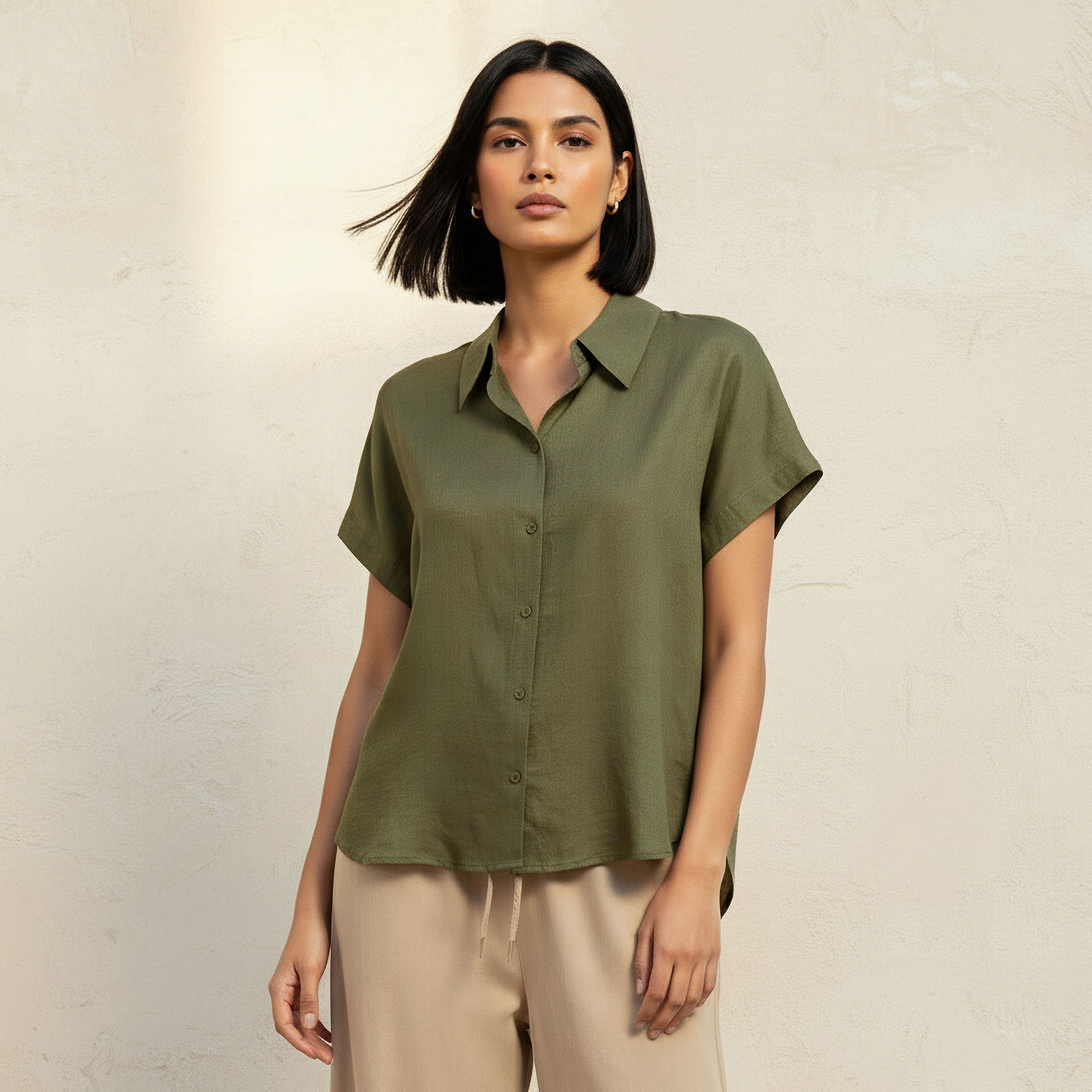 Regular Fit Linen Blend Shirt with Extended Sleeves-women-clothing-shirtsandblouses-shirts-image-1