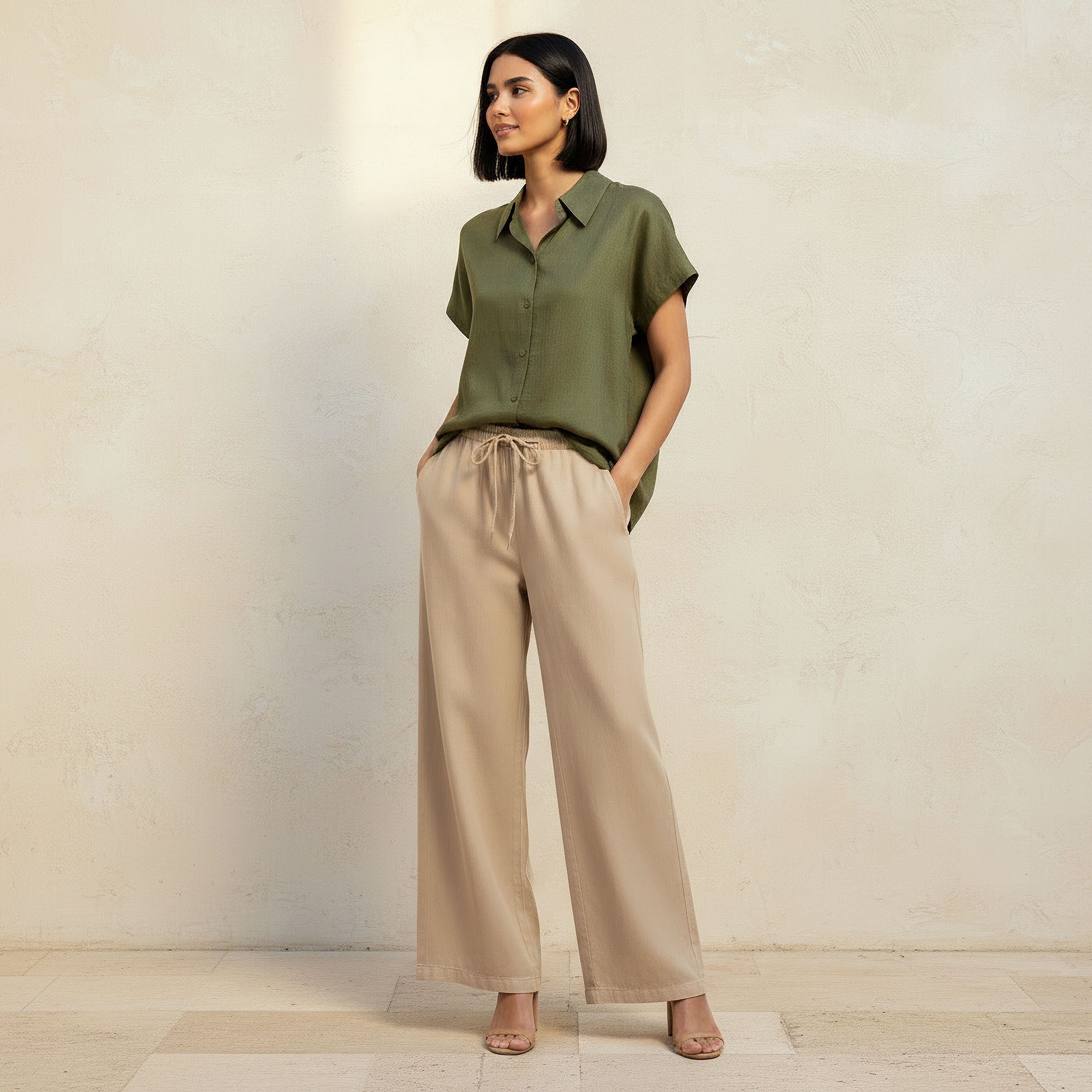 Regular Fit Linen Blend Shirt with Extended Sleeves-women-clothing-shirtsandblouses-shirts-image-3