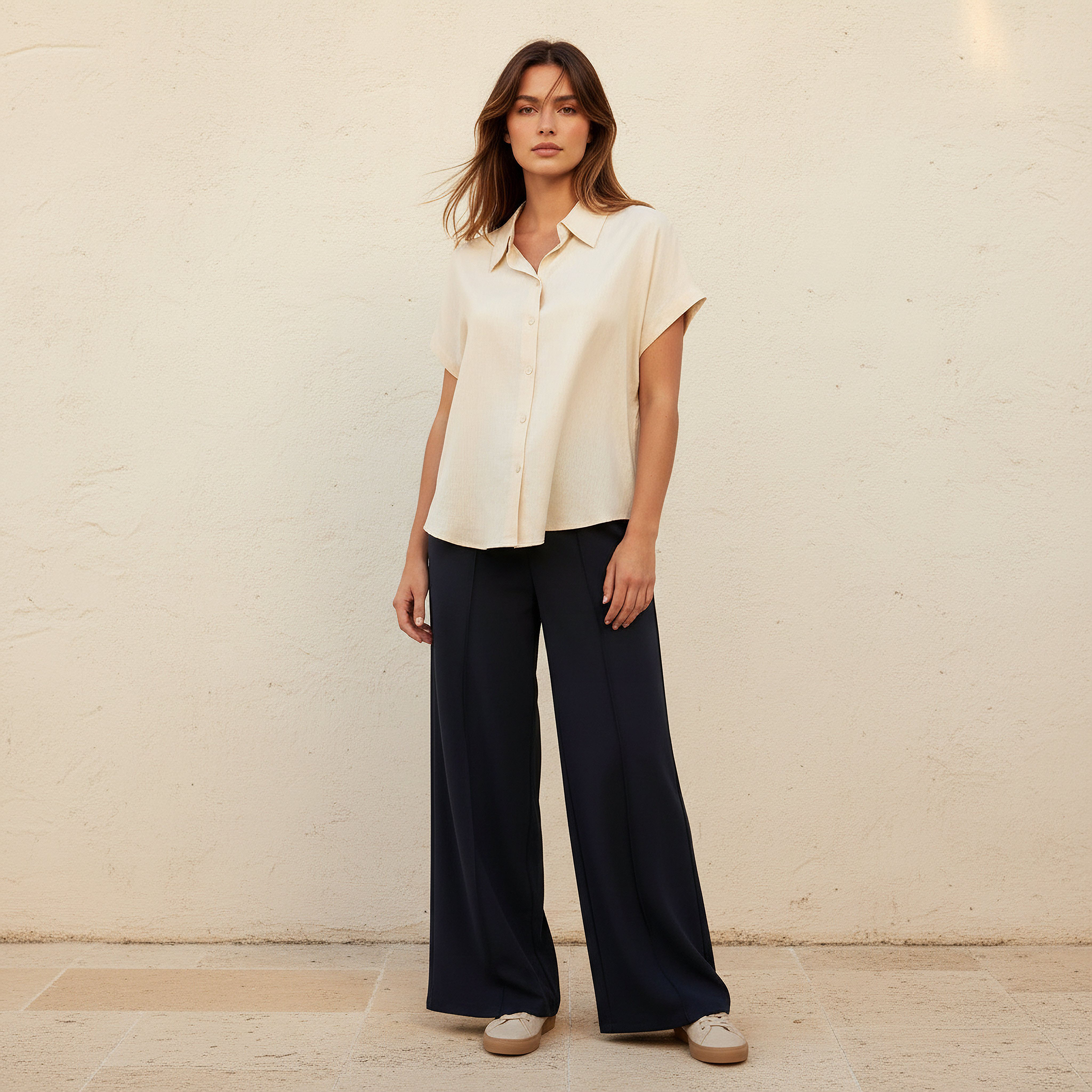 Regular Fit Linen Blend Shirt with Extended Sleeves-women-clothing-shirtsandblouses-shirts-image-3