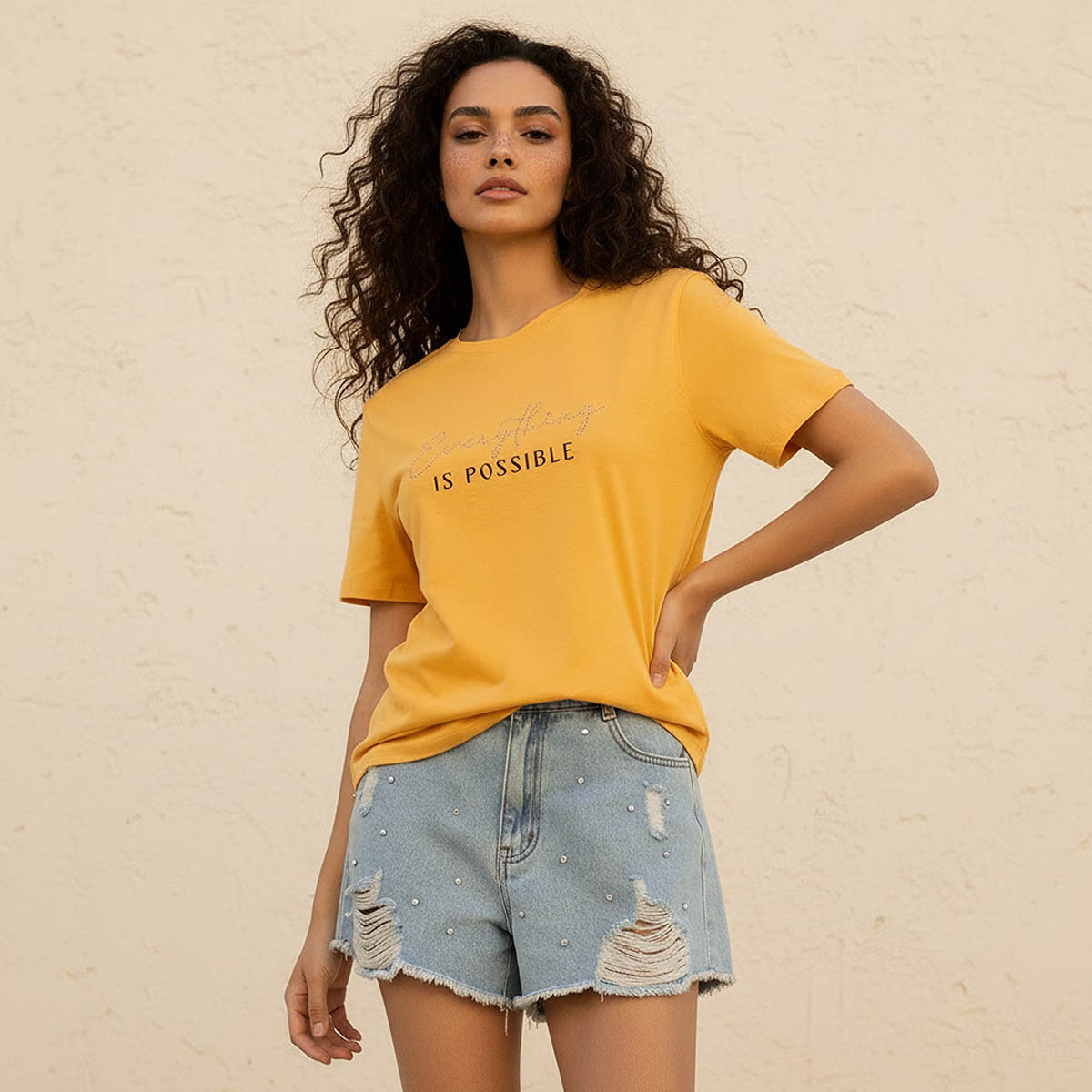 Regular Fit Cotton T-shirt with Slogan Embellished Print-women-clothing-tshirts-image-1