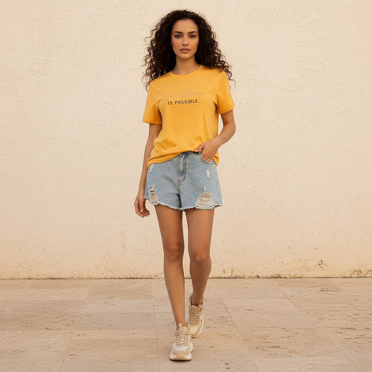 Regular Fit Cotton T-shirt with Slogan Embellished Print-women-clothing-tshirts-image-3