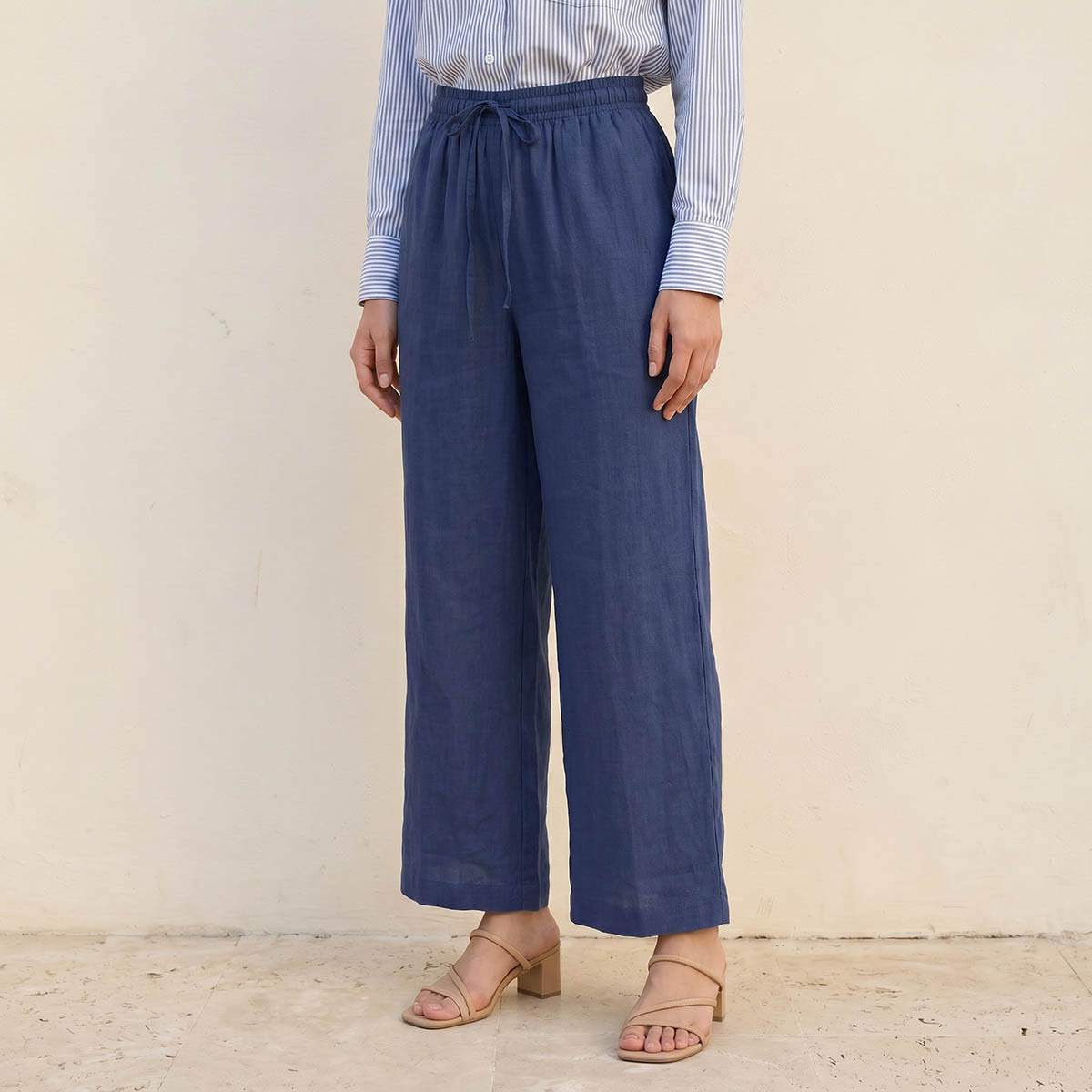 Splash Basic Wide Leg Drawstring Waist Linen Blend Pull On Pants-women-clothing-trousers-image-1