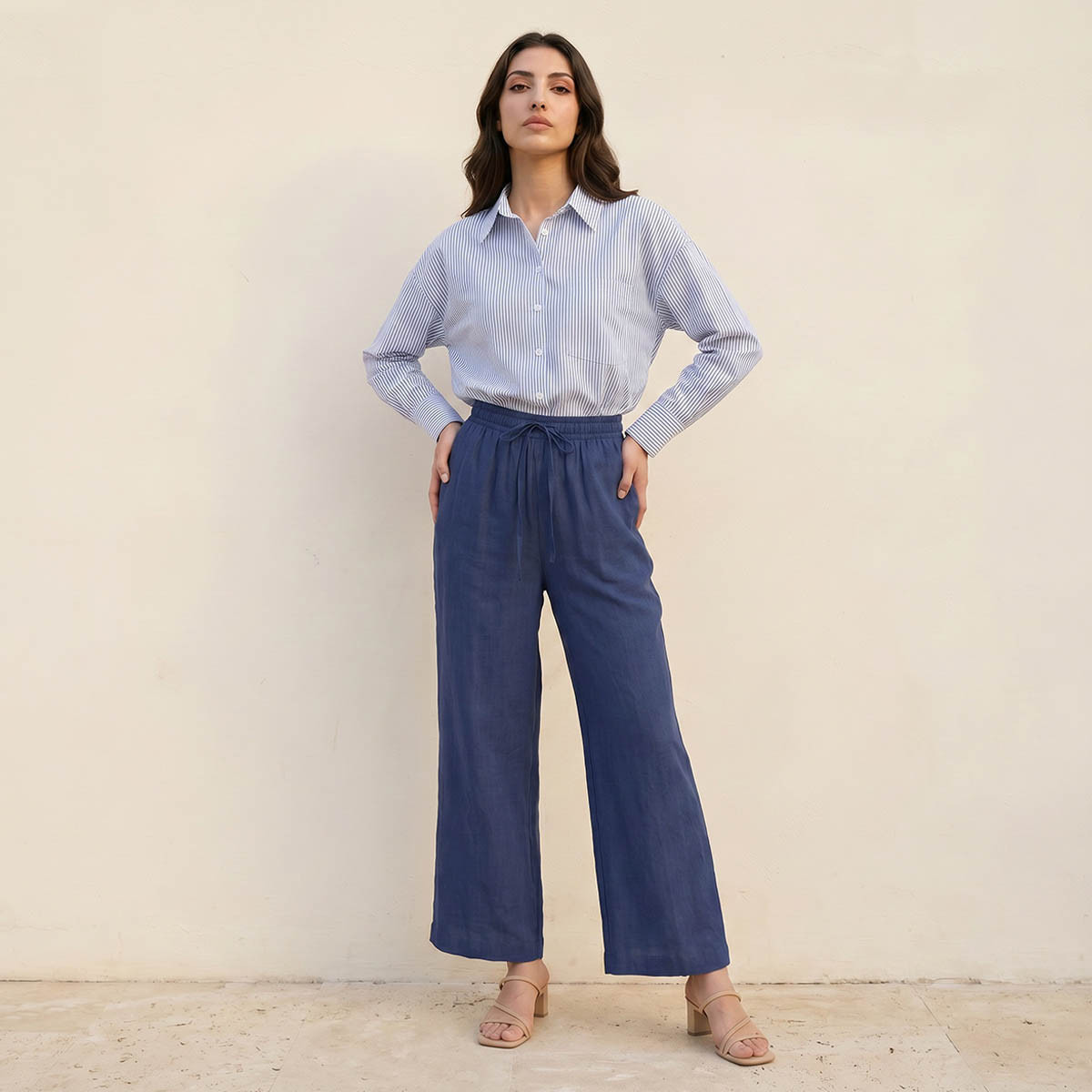 Splash Basic Wide Leg Drawstring Waist Linen Blend Pull On Pants-women-clothing-trousers-image-3