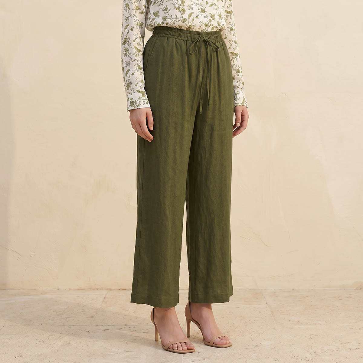 Splash Basic Wide Leg Drawstring Waist Linen Blend Pull On Pants-women-clothing-trousers-image-1
