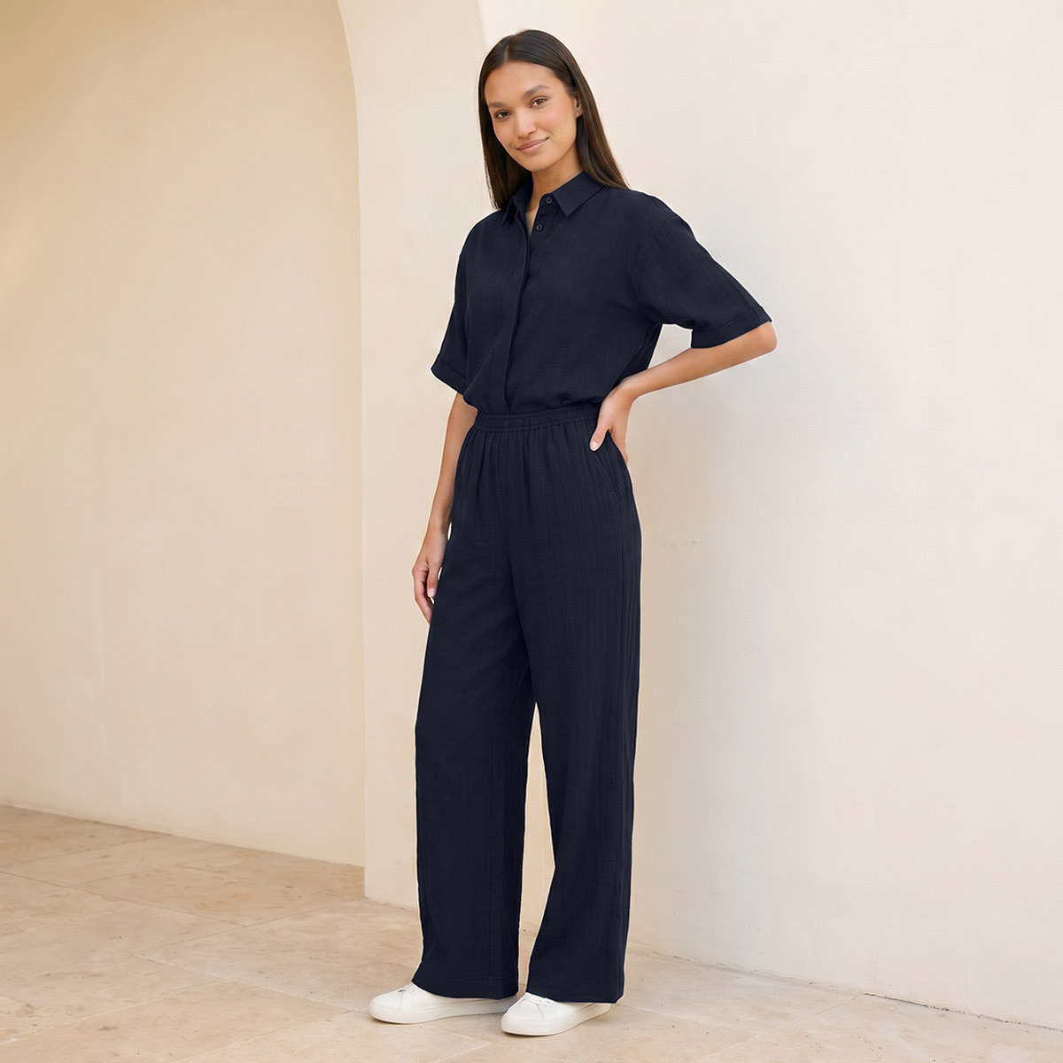 بنطلون سلاب بارز الملمس بخصر مرن من سبلاش بيزك-women-clothing-trousers-image-3