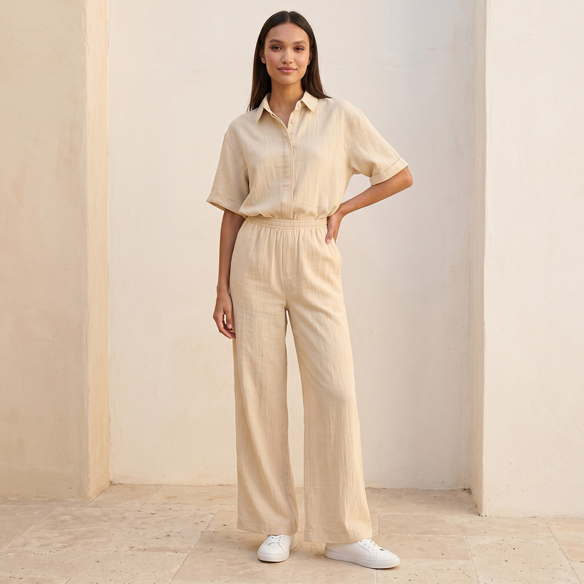 بنطلون سلاب بارز الملمس بخصر مرن من سبلاش بيزك-women-clothing-trousers-image-3