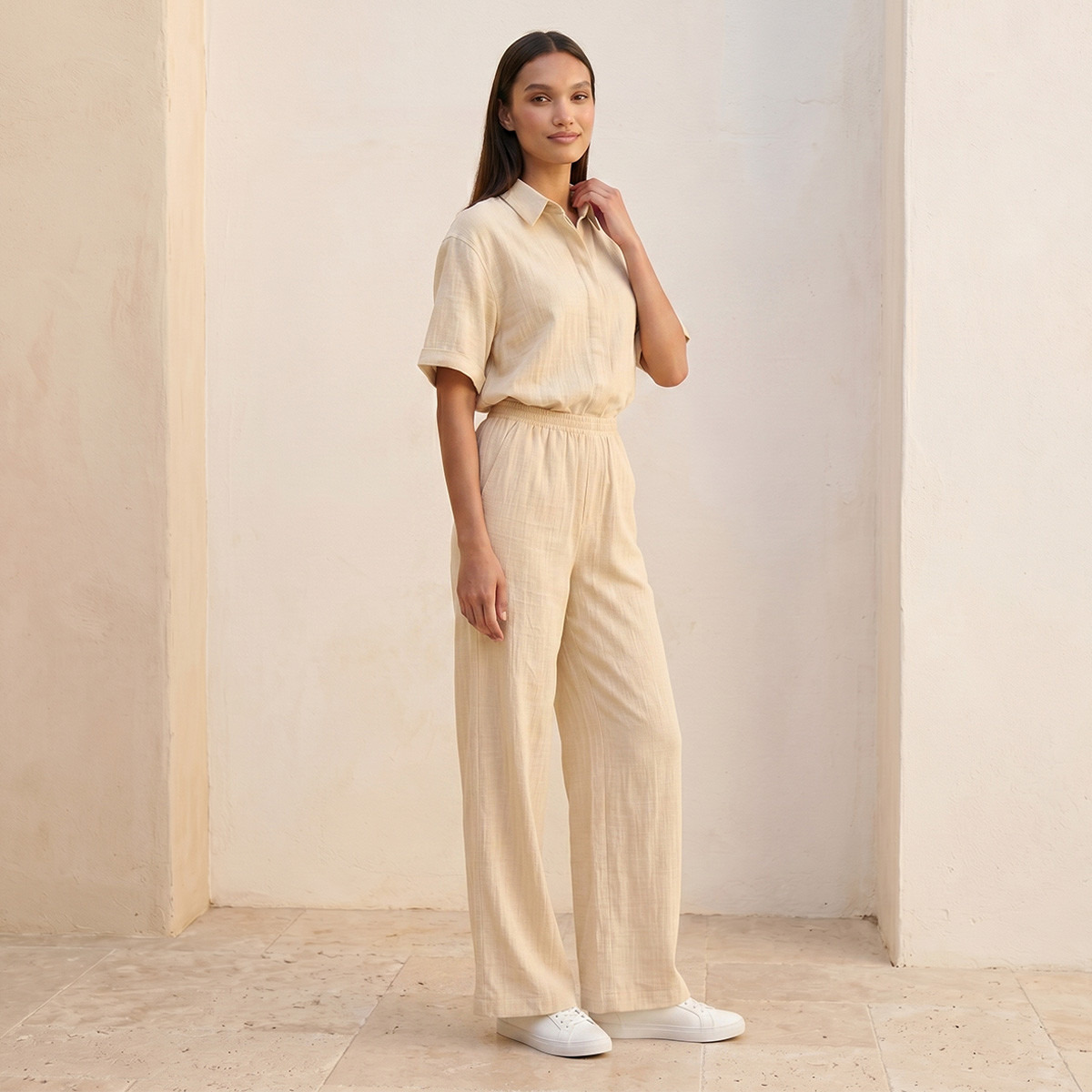 بنطلون سلاب بارز الملمس بخصر مرن من سبلاش بيزك-women-clothing-trousers-image-5