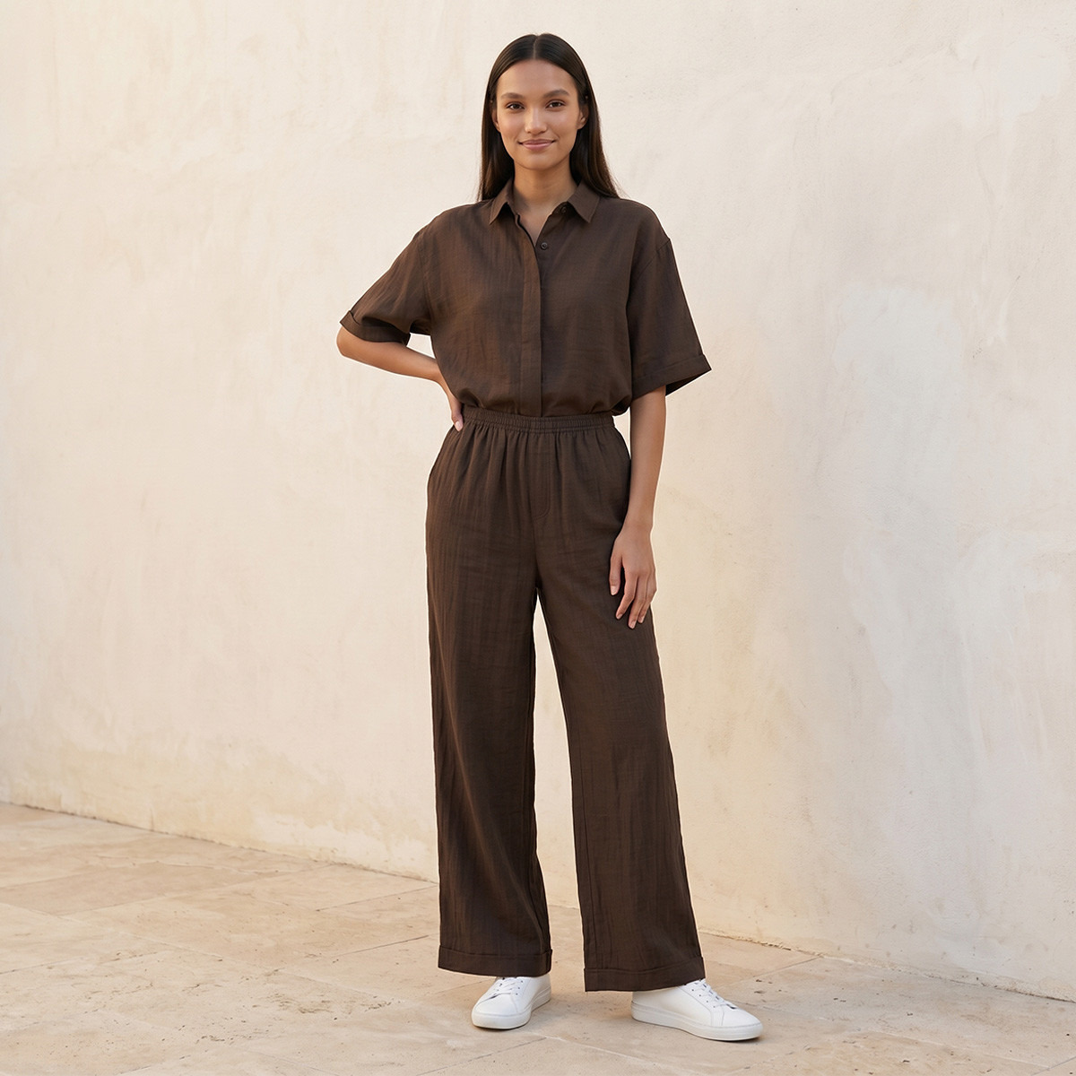 بنطلون سلاب بارز الملمس بخصر مرن من سبلاش بيزك-women-clothing-trousers-image-3