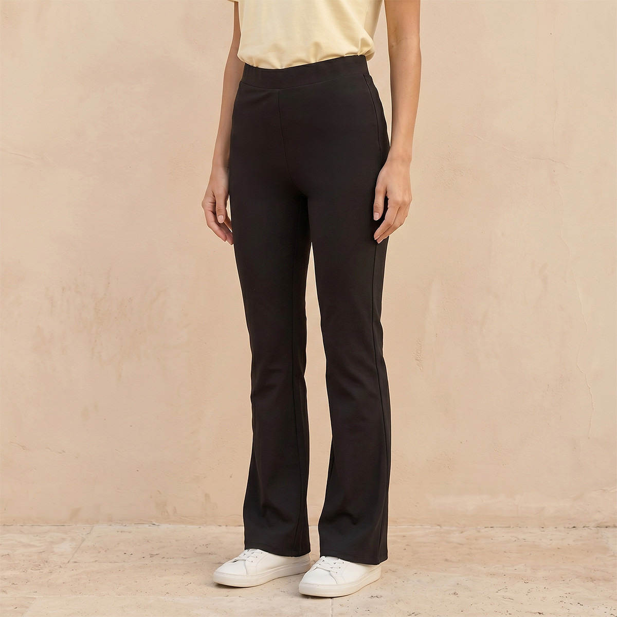 Splash Basic Elasticated Waist Full Length Flared Leggings-women-clothing-leggings-image-1