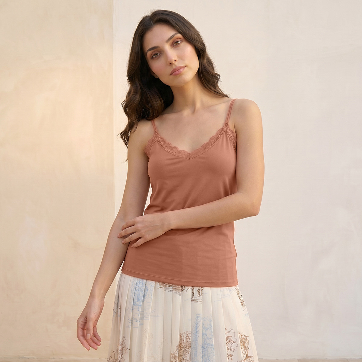 Splash Basic Slim Fit Camisole with Lace Trim-women-clothing-tshirts-image-1