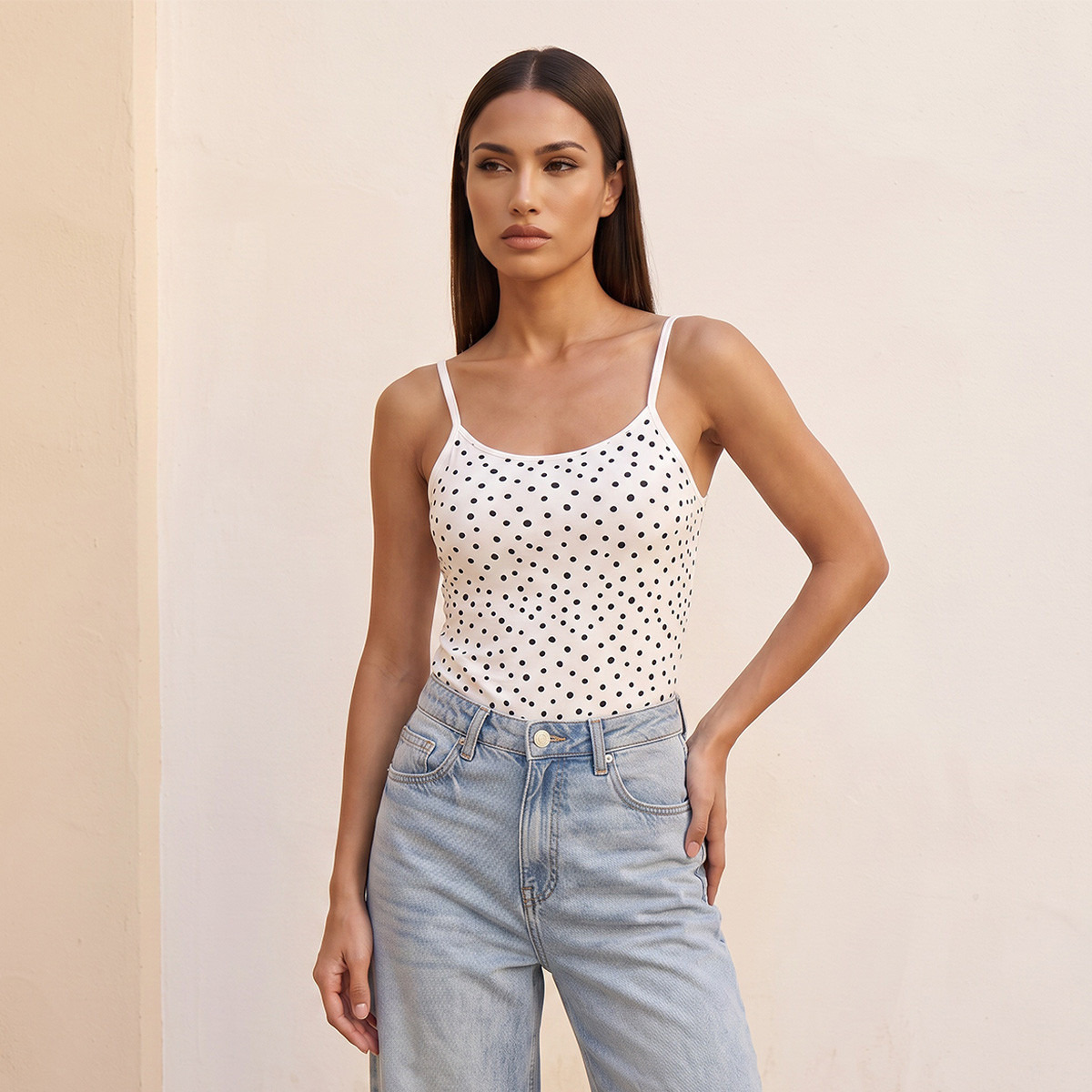 Splash Basic Slim Fit Spaghetti Top with Polka Dot Print-women-clothing-tshirts-image-1