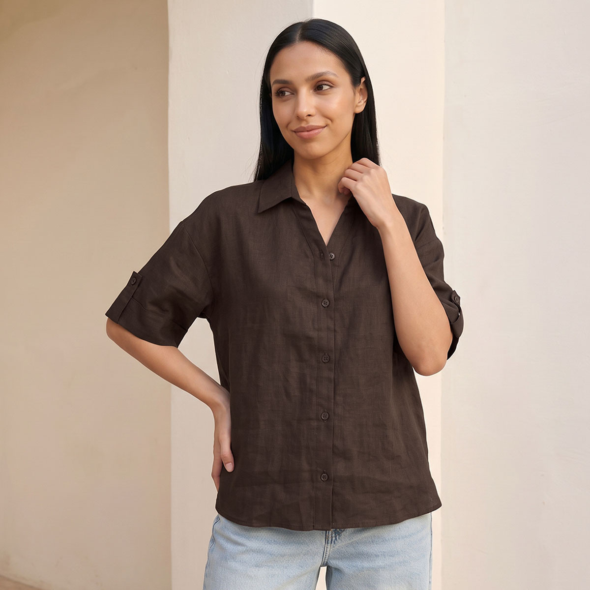 قميص كتان بياقة وأكمام قابلة للطي مع شريط تثبيت من سبلاش بيسك-women-clothing-shirtsandblouses-shirts-image-1