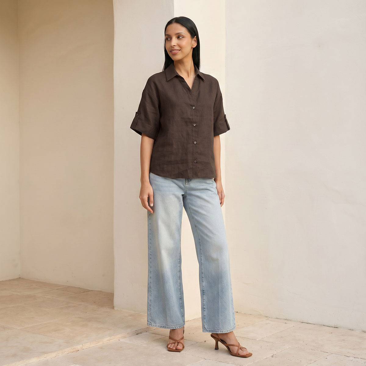 قميص كتان بياقة وأكمام قابلة للطي مع شريط تثبيت من سبلاش بيسك-women-clothing-shirtsandblouses-shirts-image-3