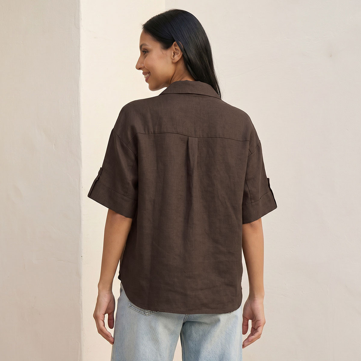 قميص كتان بياقة وأكمام قابلة للطي مع شريط تثبيت من سبلاش بيسك-women-clothing-shirtsandblouses-shirts-image-4
