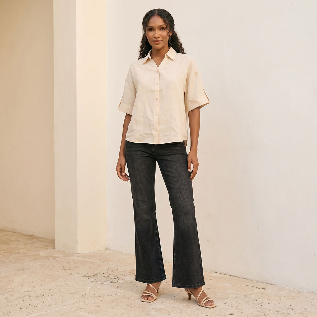 قميص كتان بياقة وأكمام قابلة للطي مع شريط تثبيت من سبلاش بيسك-women-clothing-shirtsandblouses-shirts-image-3