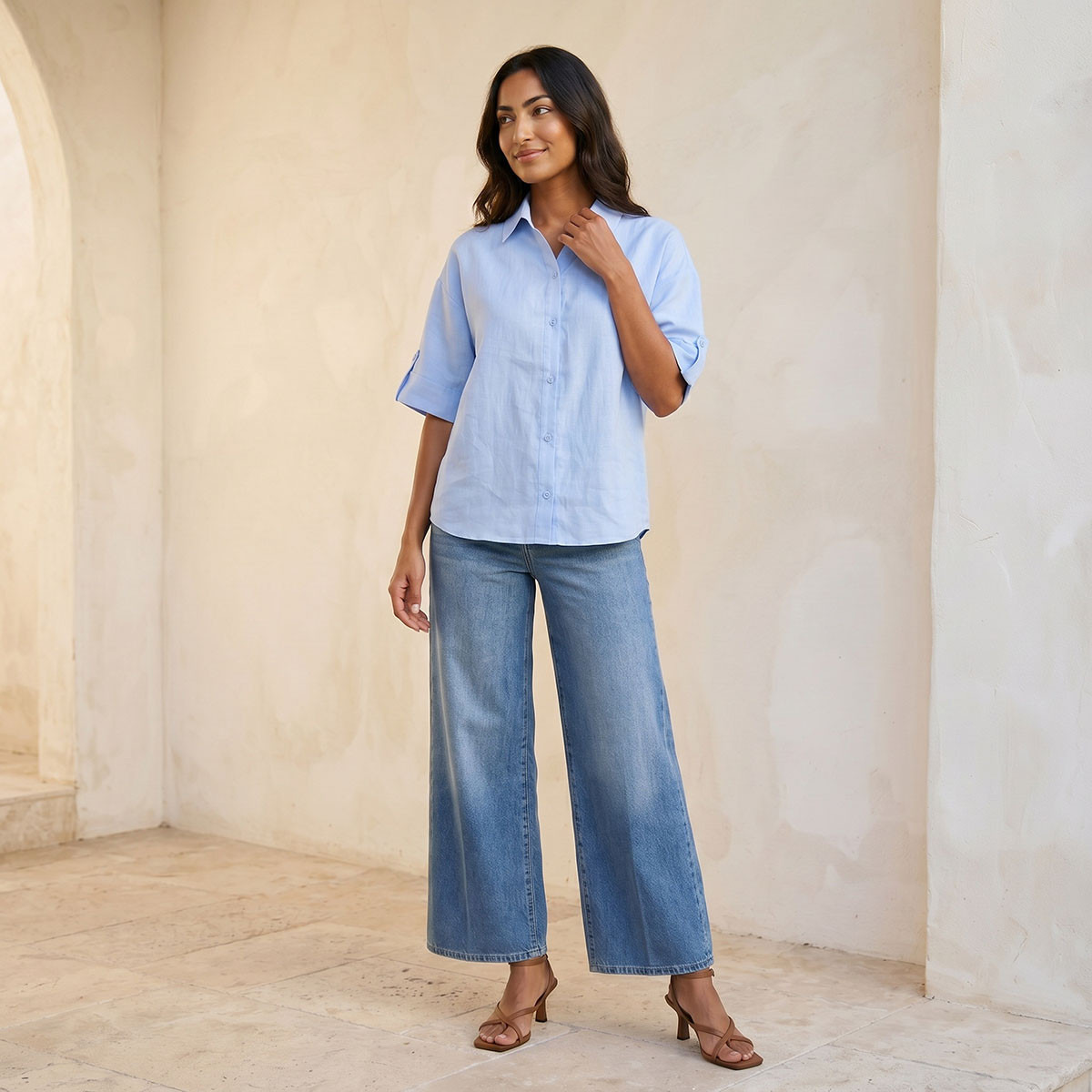 Splash Basic Collared Linen Shirt with Tab Sleeves-women-clothing-shirtsandblouses-shirts-image-3