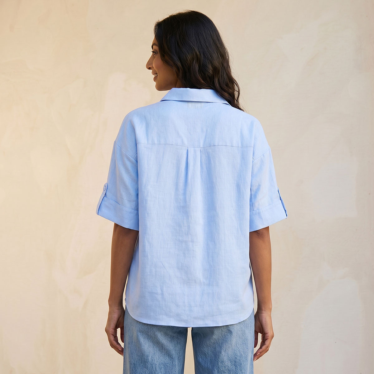 Splash Basic Collared Linen Shirt with Tab Sleeves-women-clothing-shirtsandblouses-shirts-image-4