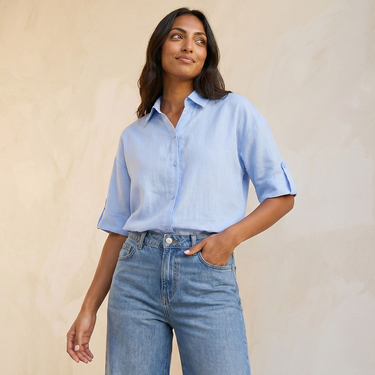 Splash Basic Collared Linen Shirt with Tab Sleeves-women-clothing-shirtsandblouses-shirts-image-6