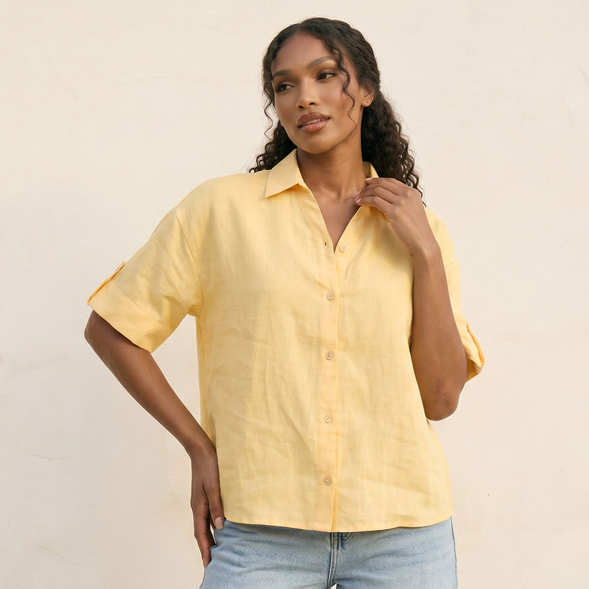 قميص كتان بياقة وأكمام قابلة للطي مع شريط تثبيت من سبلاش بيسك-women-clothing-shirtsandblouses-shirts-image-1