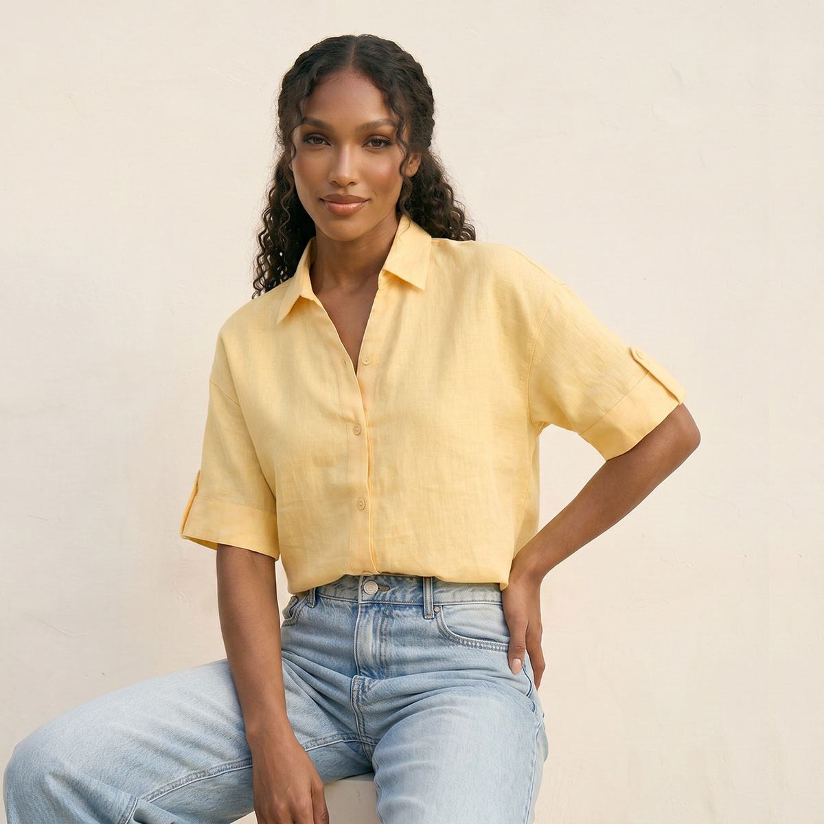 قميص كتان بياقة وأكمام قابلة للطي مع شريط تثبيت من سبلاش بيسك-women-clothing-shirtsandblouses-shirts-image-5