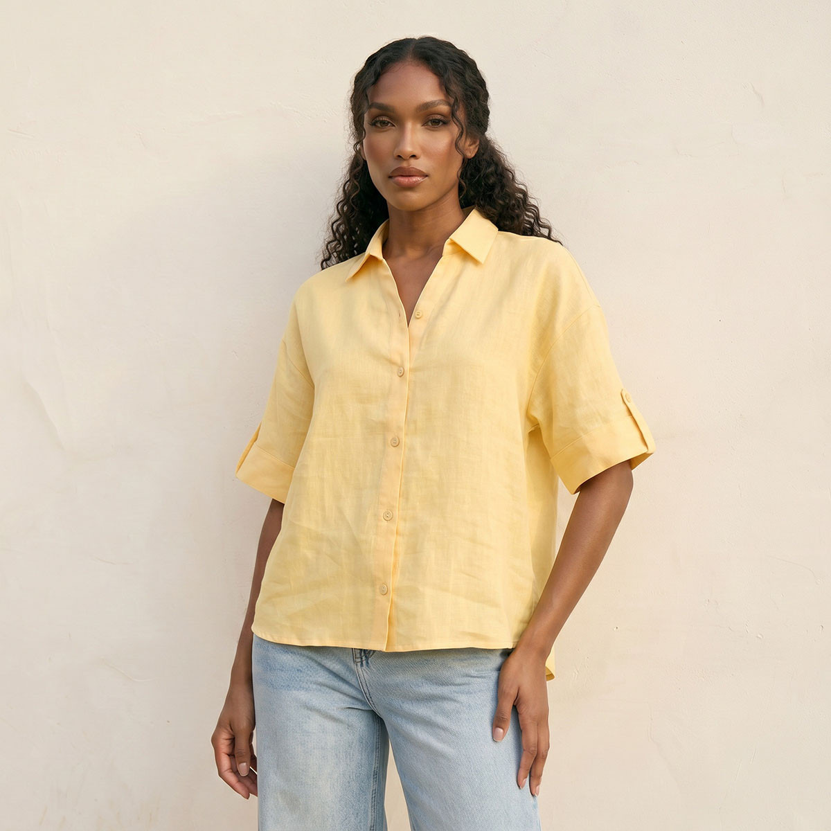 قميص كتان بياقة وأكمام قابلة للطي مع شريط تثبيت من سبلاش بيسك-women-clothing-shirtsandblouses-shirts-image-6