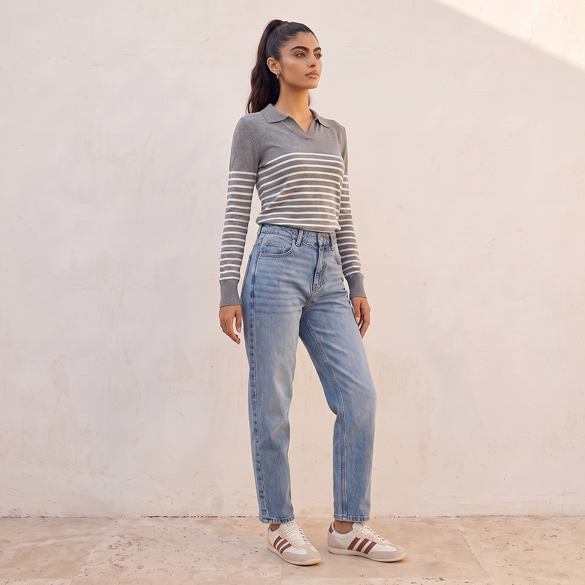 كنزة مقلمة بياقة بولو من بيزك من سبلاش-women-winterwear-cardigansandjumpers-jumpers-image-3