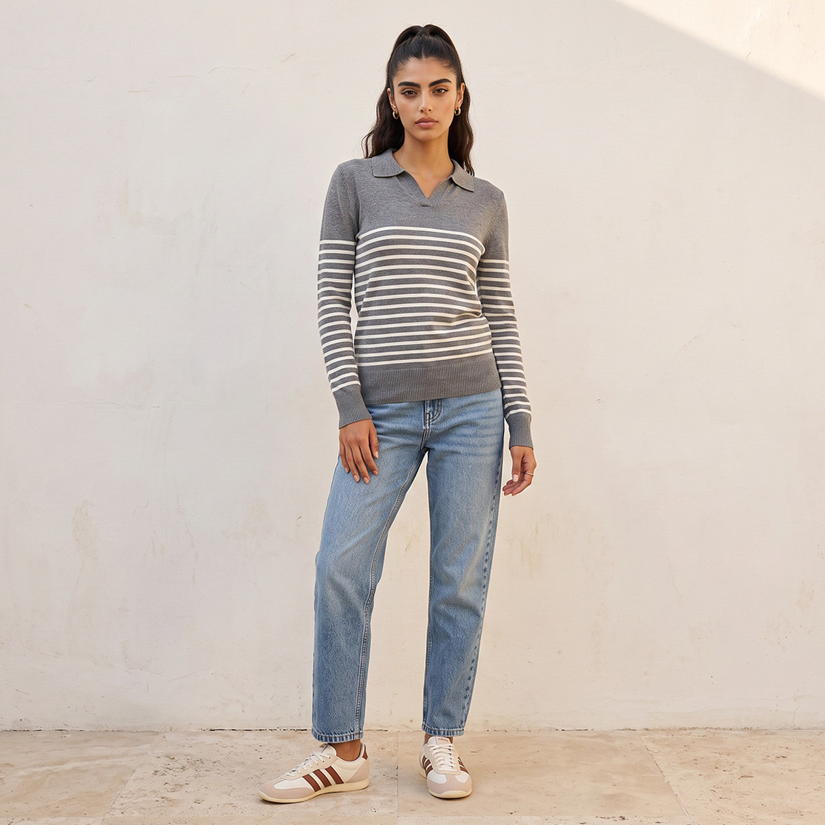 كنزة مقلمة بياقة بولو من بيزك من سبلاش-women-winterwear-cardigansandjumpers-jumpers-image-6