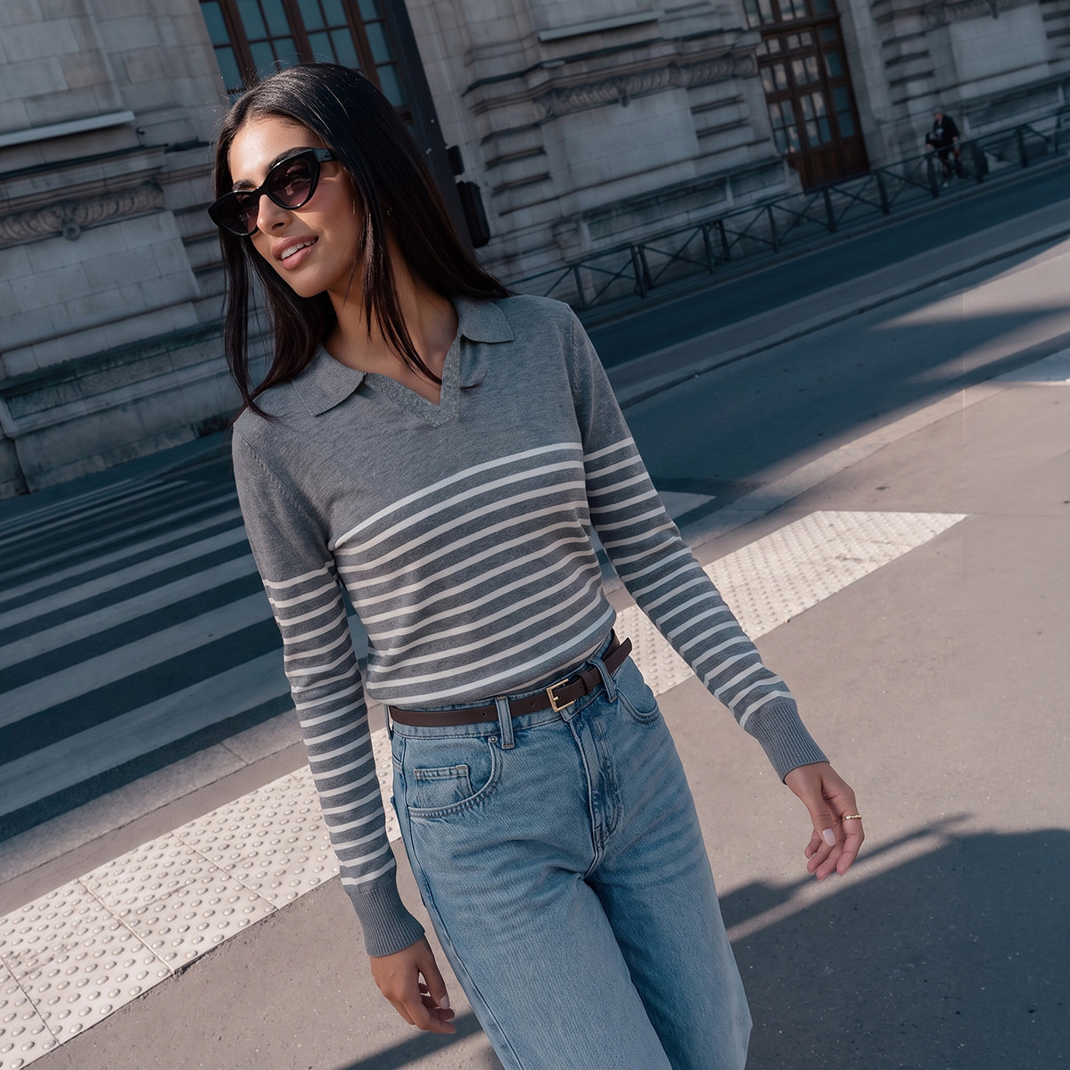 كنزة مقلمة بياقة بولو من بيزك من سبلاش-women-winterwear-cardigansandjumpers-jumpers-image-1