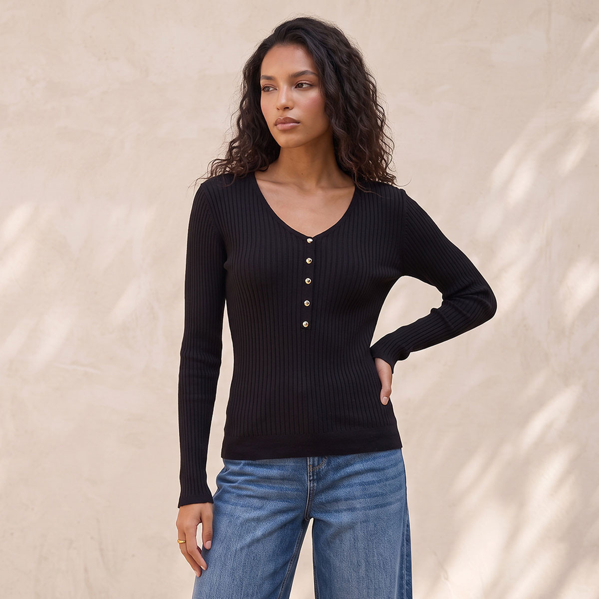 Splash Basic Ribbed V-neck Sweater-women-winterwear-cardigansandjumpers-jumpers-image-1