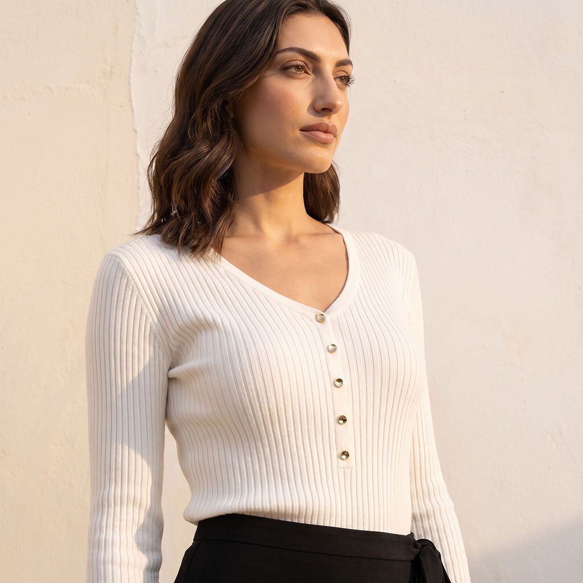 سويت شيرت مضلع بياقة على شكل حرف V من سبلاش بيزك-women-winterwear-cardigansandjumpers-jumpers-image-4