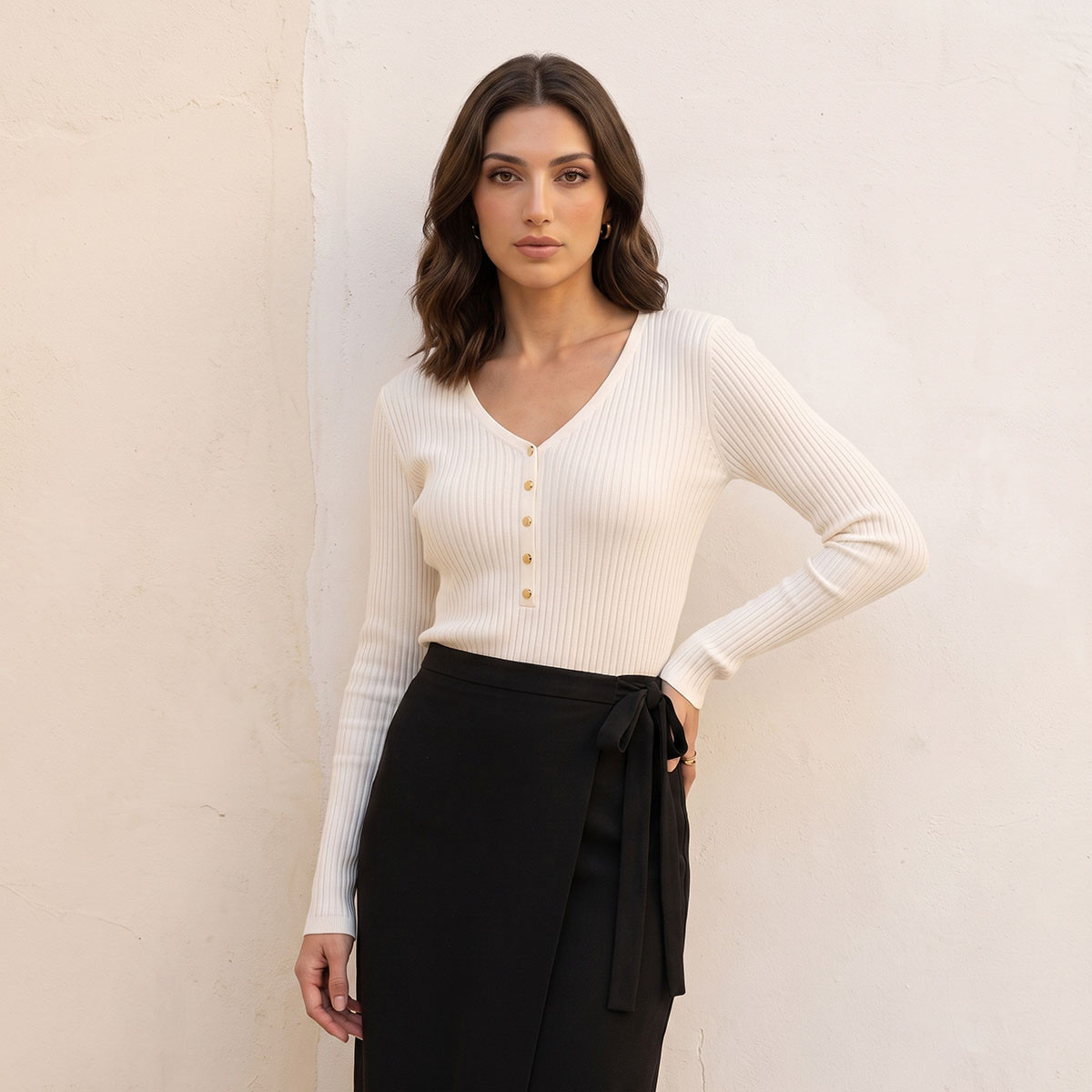 سويت شيرت مضلع بياقة على شكل حرف V من سبلاش بيزك-women-winterwear-cardigansandjumpers-jumpers-image-5