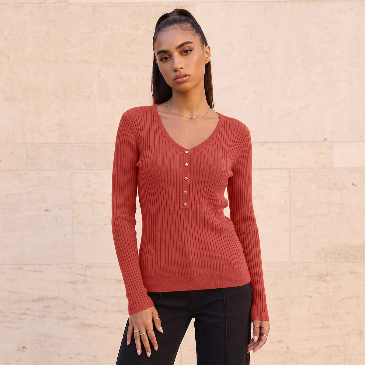 سويت شيرت مضلع بياقة على شكل حرف V من سبلاش بيزك-women-winterwear-cardigansandjumpers-jumpers-image-1