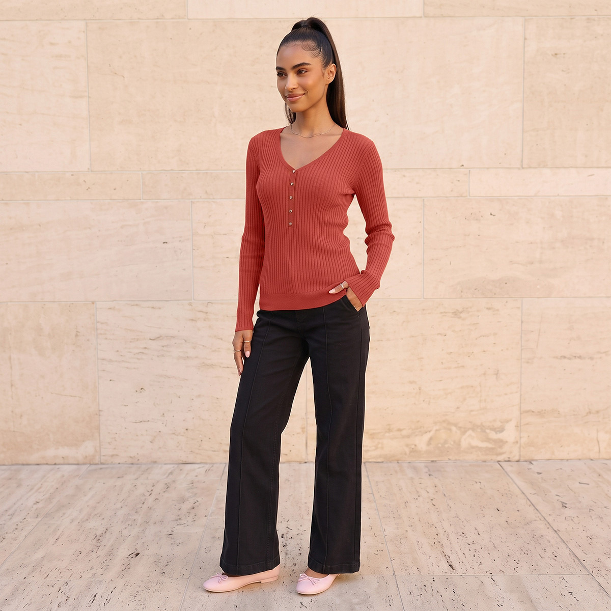سويت شيرت مضلع بياقة على شكل حرف V من سبلاش بيزك-women-winterwear-cardigansandjumpers-jumpers-image-2