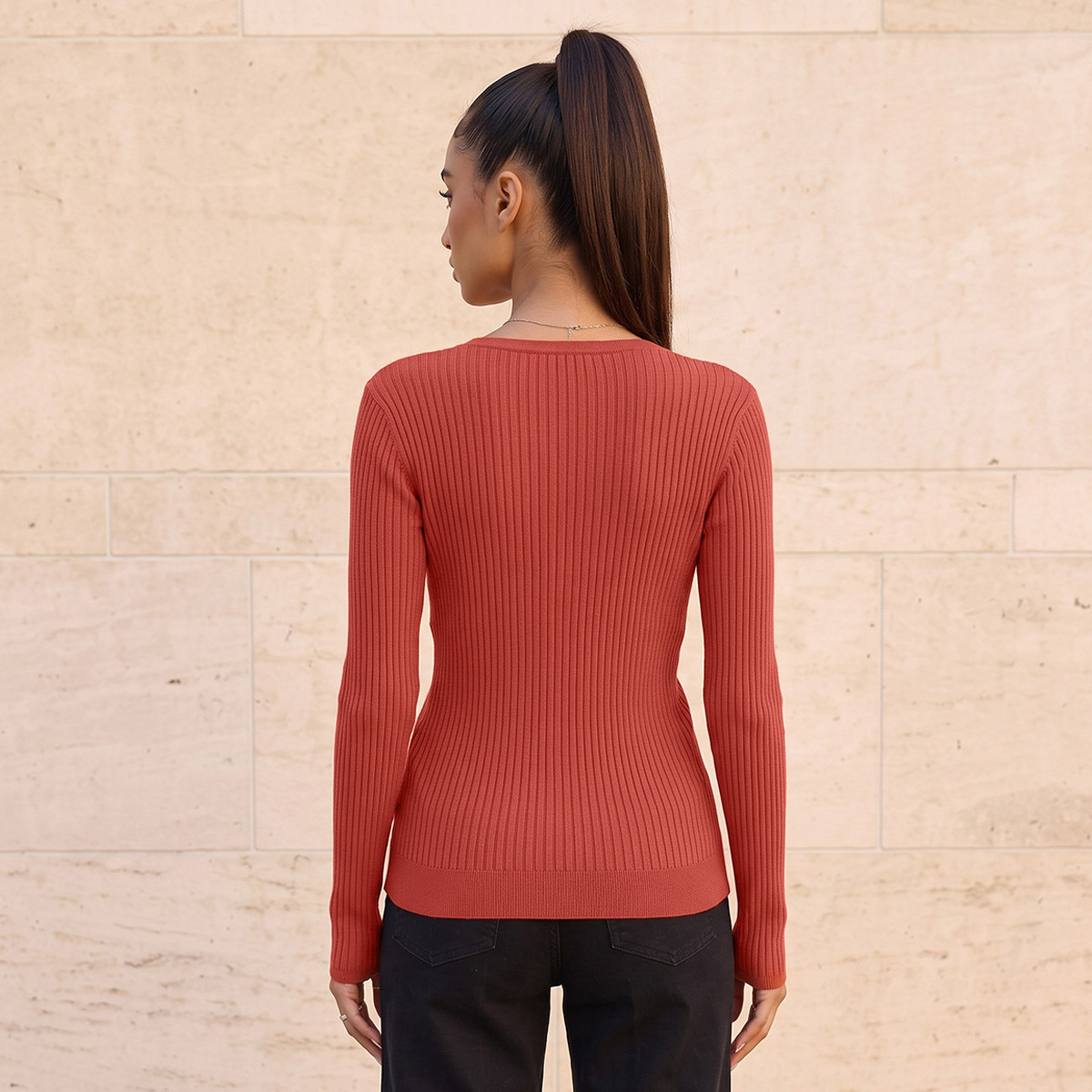 سويت شيرت مضلع بياقة على شكل حرف V من سبلاش بيزك-women-winterwear-cardigansandjumpers-jumpers-image-3