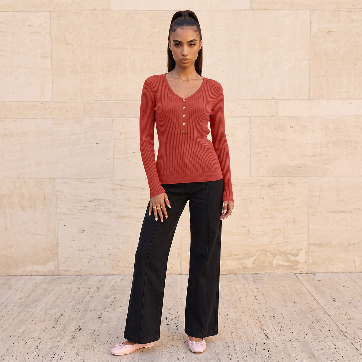 سويت شيرت مضلع بياقة على شكل حرف V من سبلاش بيزك-women-winterwear-cardigansandjumpers-jumpers-image-4