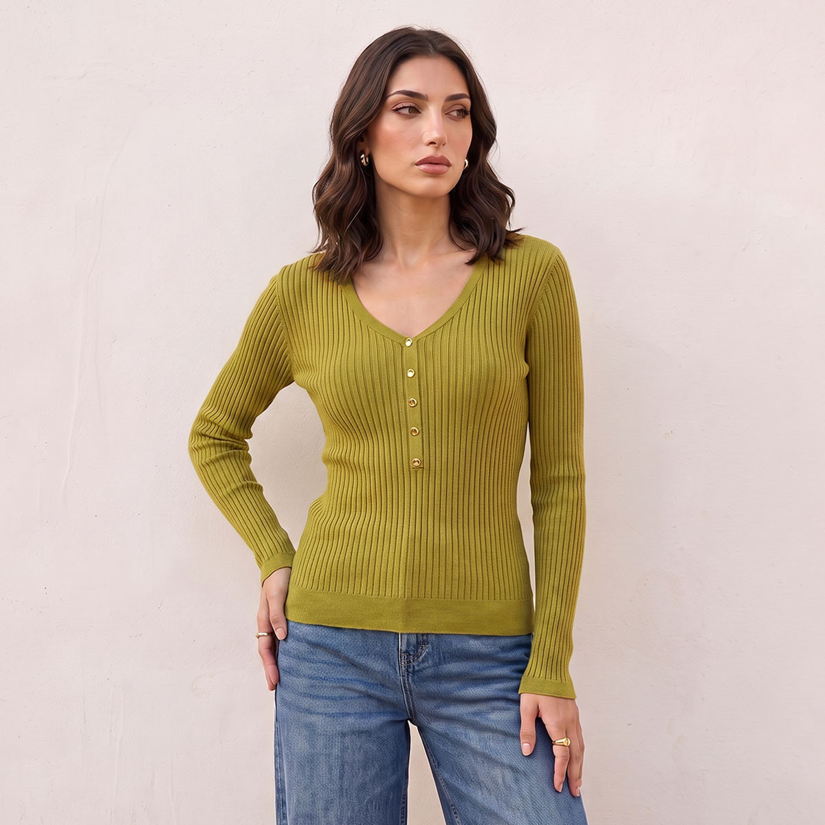 Splash Basic Ribbed V-neck Sweater-women-winterwear-cardigansandjumpers-jumpers-image-5