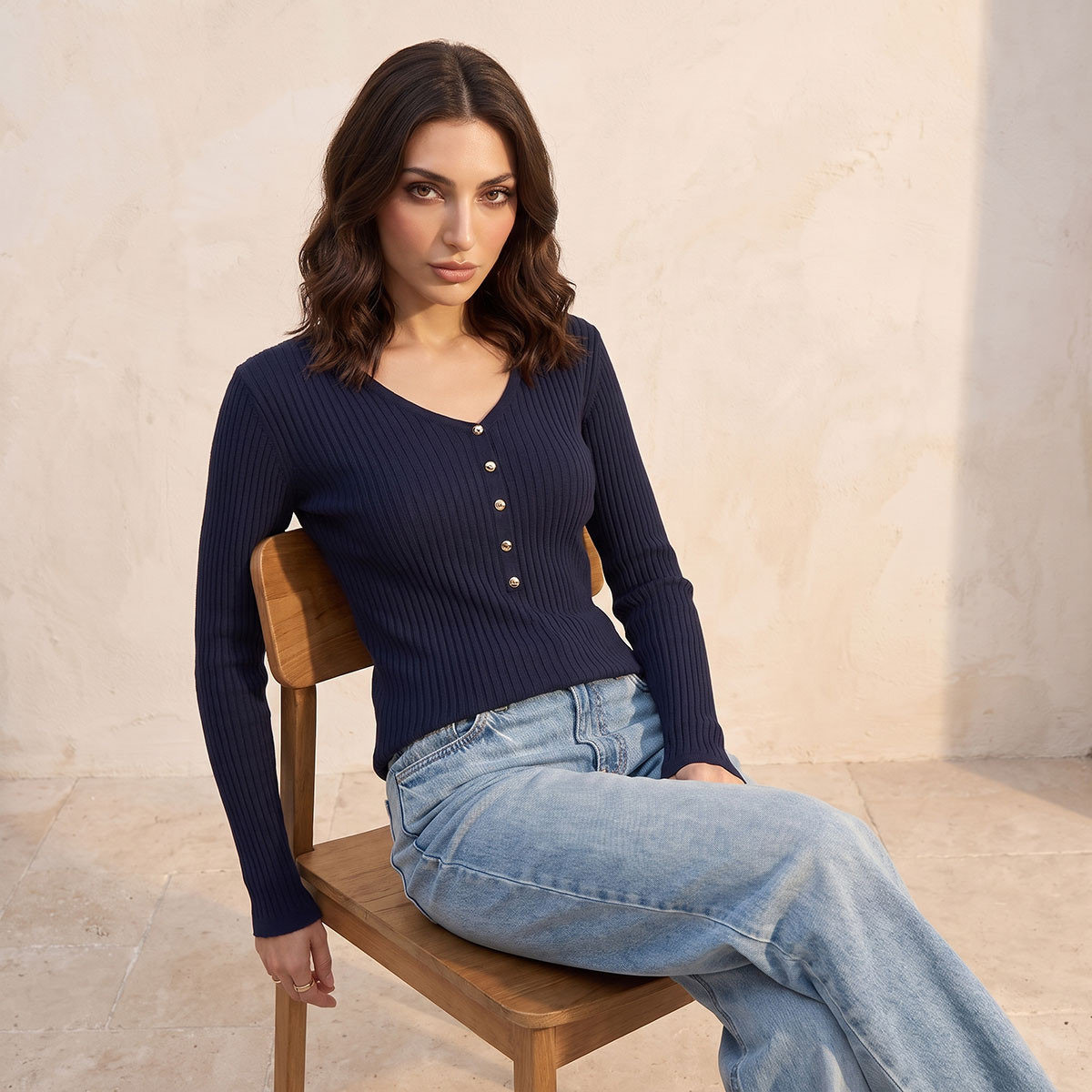 Splash Basic Ribbed V-neck Sweater-women-winterwear-cardigansandjumpers-jumpers-image-1