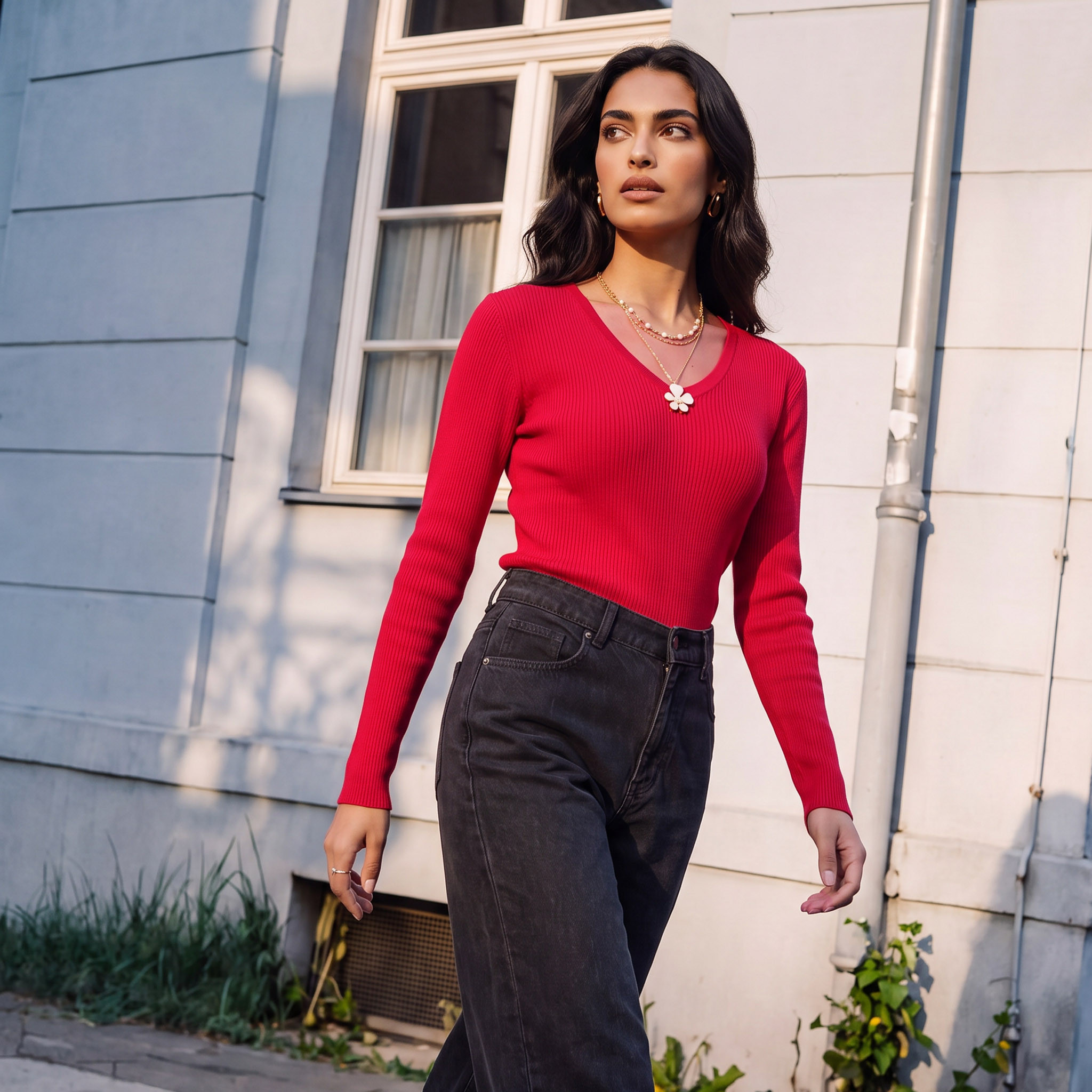 Splash Basics Regular Fit Ribbed Sweater with V-neck-women-winterwear-cardigansandjumpers-jumpers-image-1