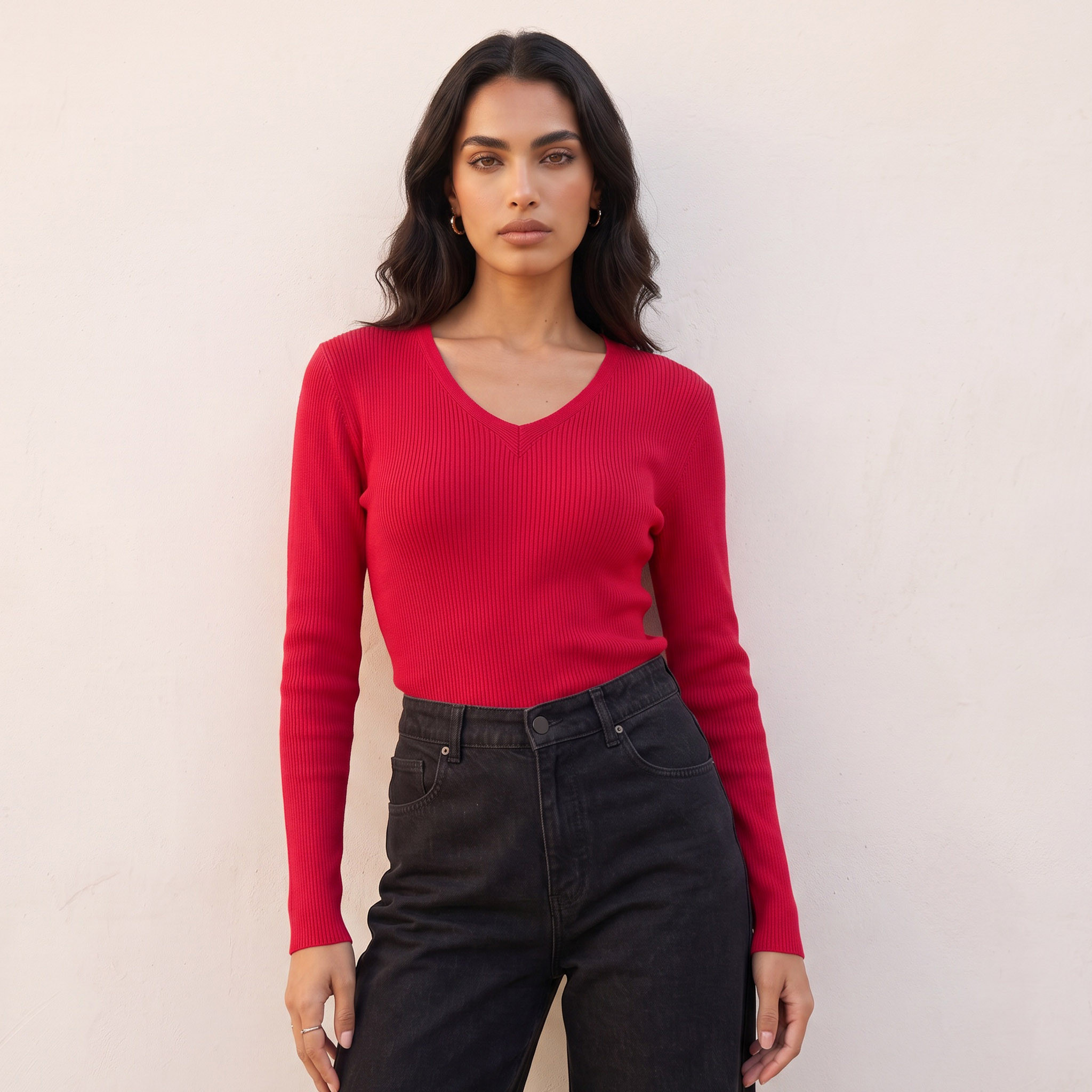 Splash Basics Regular Fit Ribbed Sweater with V-neck-women-winterwear-cardigansandjumpers-jumpers-image-2