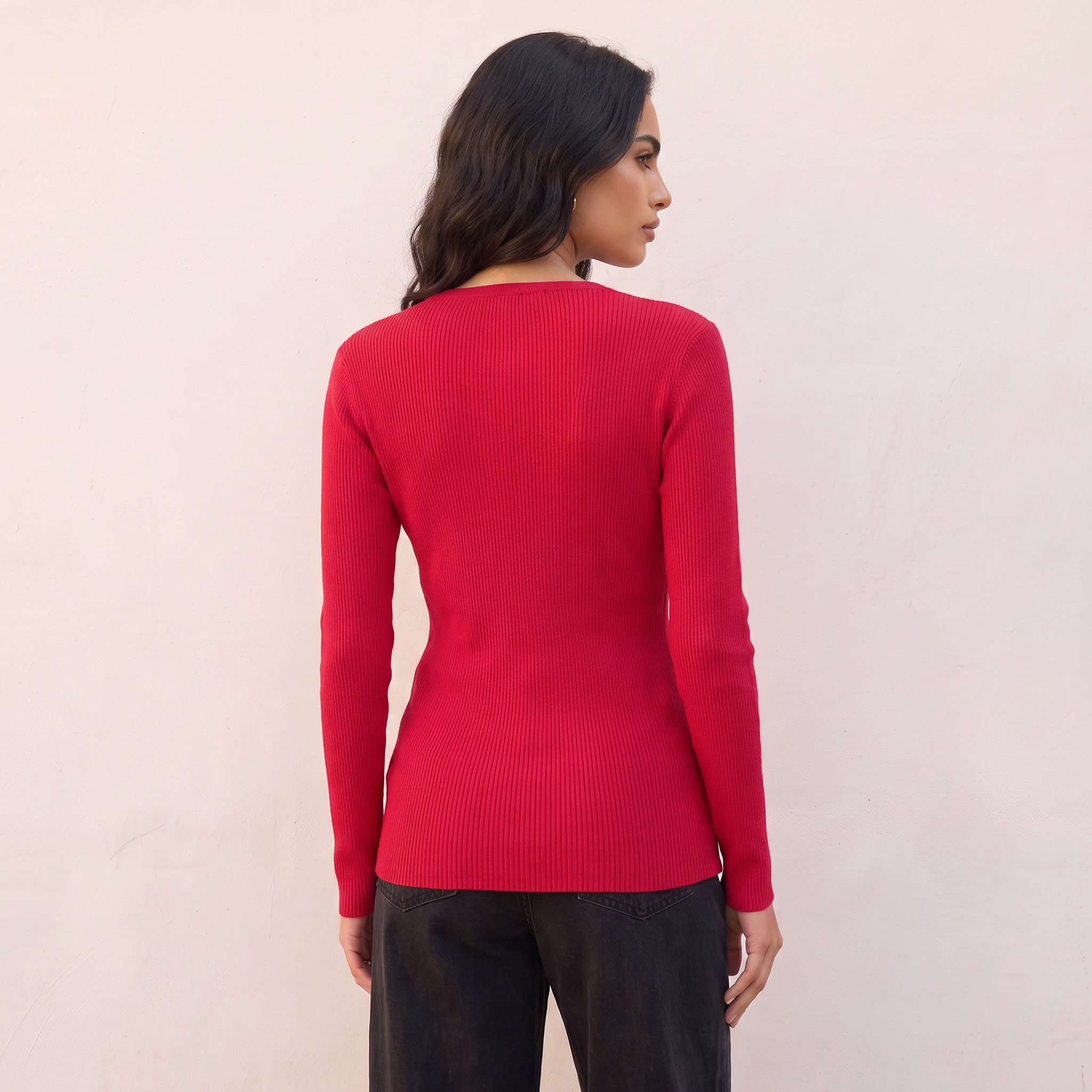 Splash Basics Regular Fit Ribbed Sweater with V-neck-women-winterwear-cardigansandjumpers-jumpers-image-4