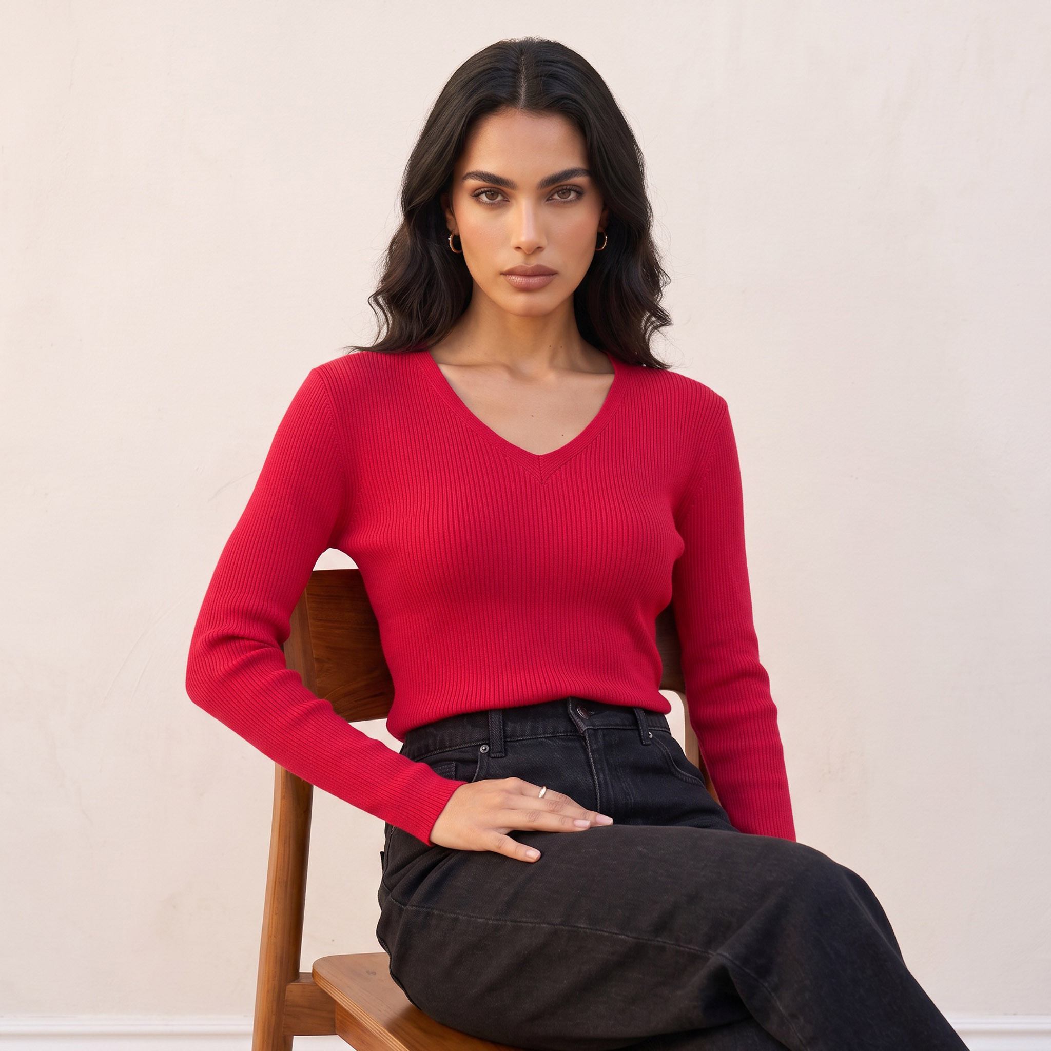 Splash Basics Regular Fit Ribbed Sweater with V-neck-women-winterwear-cardigansandjumpers-jumpers-image-5