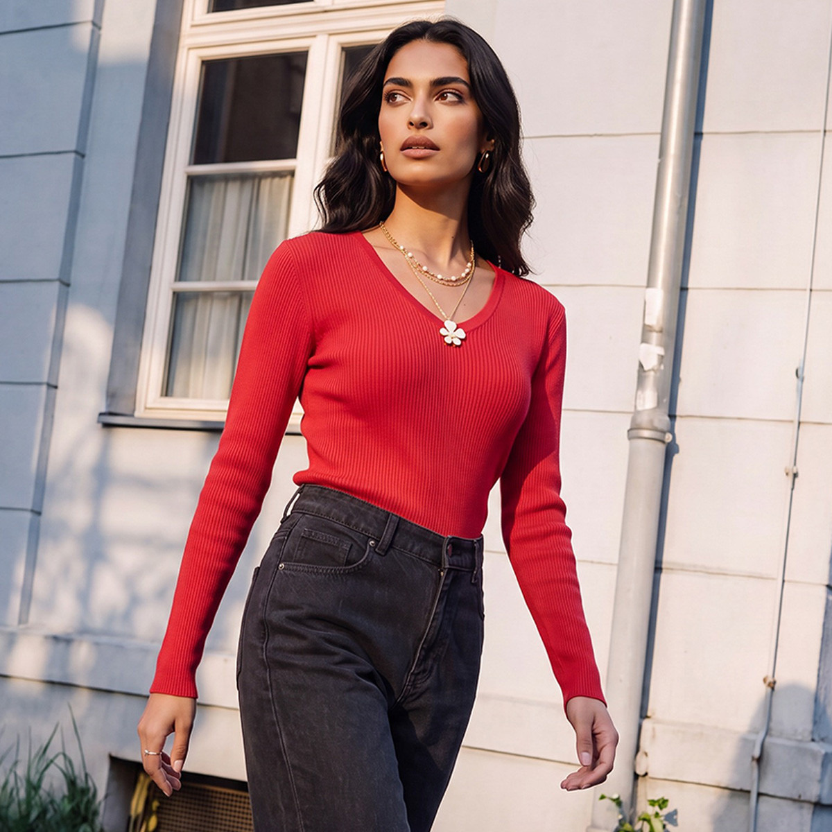 Splash Basics Regular Fit Ribbed Sweater with V-neck-women-winterwear-cardigansandjumpers-jumpers-image-6